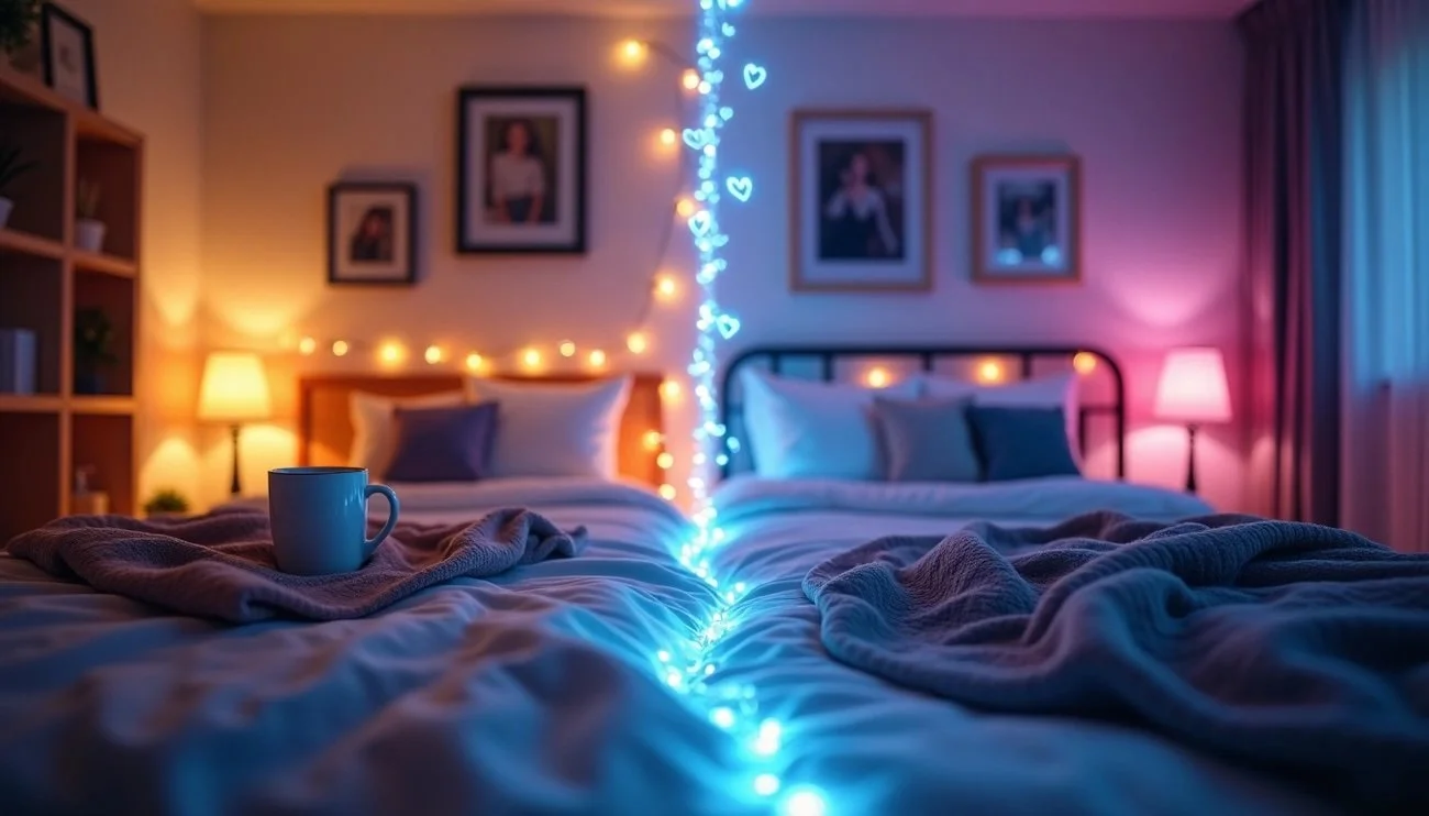 Two beds separated by glowing lights, symbolizing emotional distance, intimacy challenges, and connection in relationships