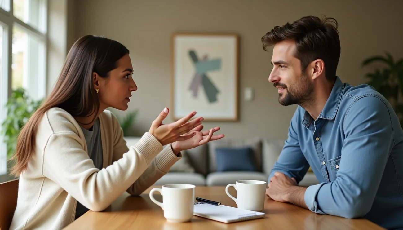 Couple sitting across from each other at a table having a serious, thoughtful conversation about opening their relationship.