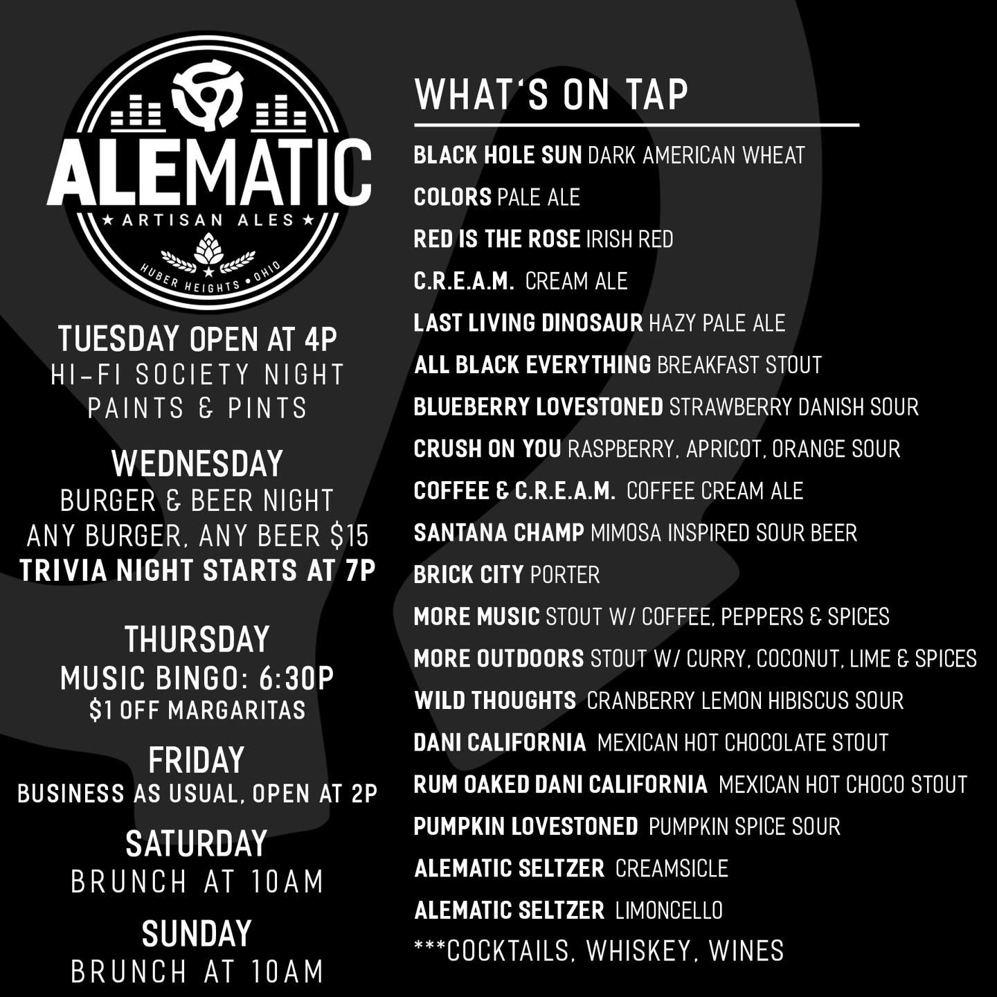 What&rsquo;s on Tap!  Join us this week and enjoy some patio time with your fav Beverage! 

Wed: Burger Night and Trivia
Thurs: Music Bingo
Fri: Open at 2p
Sat: Bunch, open till 10p
Sun: Brunch, open till 5p