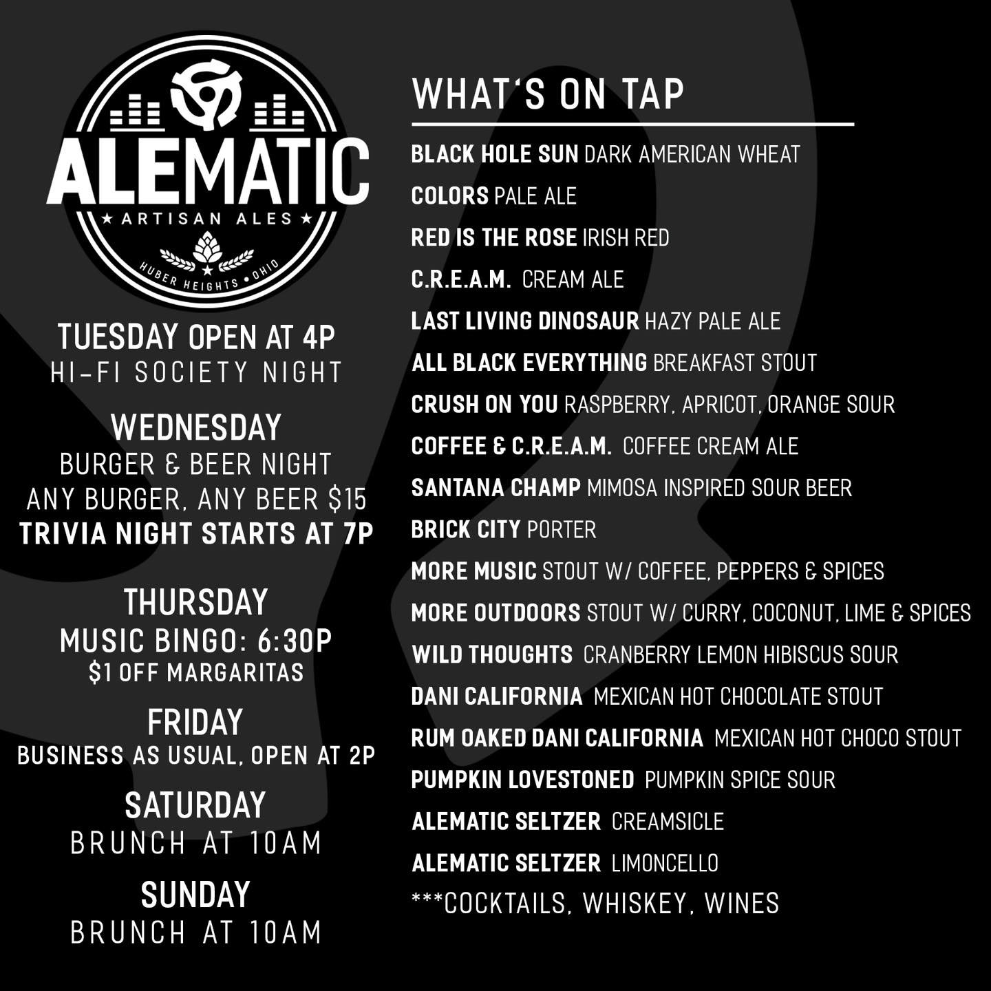What&rsquo;s on Tap!  Trivia, Music Bingo and Patio weather! 

Tues: Open at 4p
Wed: Burger Night &amp; Trivia
Thurs: Music Bingo
Fri: Open at 2p
Sat &amp; Sun: Brunch at 10am