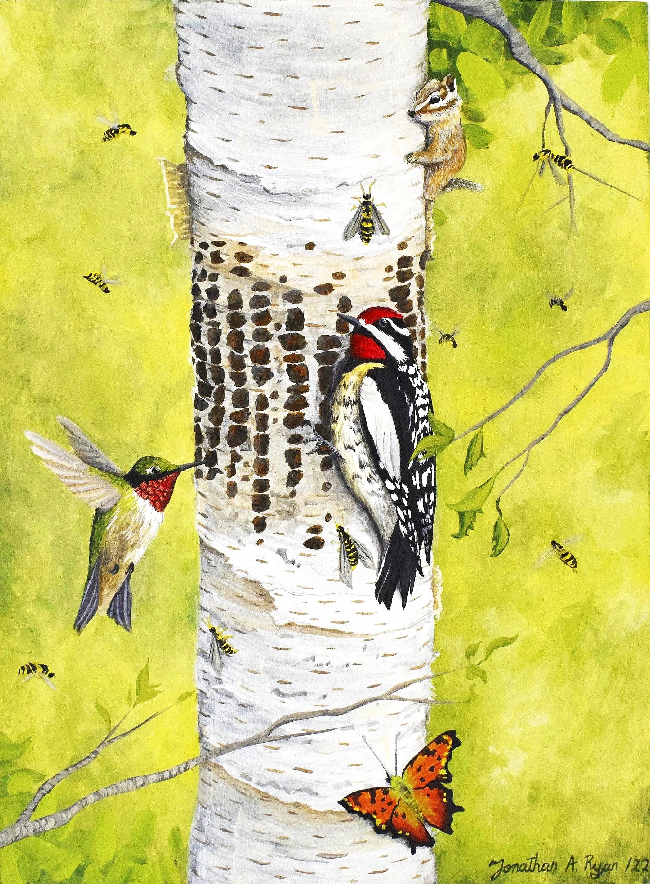 "Sapsuckers",
Acrylics on 9"x12"x1.5" wood panel, 2022.
SOLD