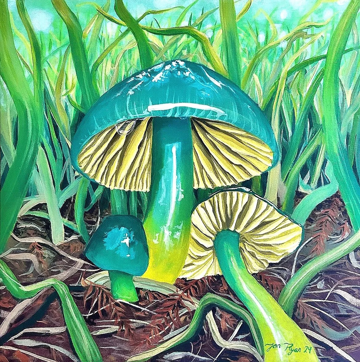 "Parrot Mushroom" Acrylics on 24"x24"x1.5" stretched canvas. 2024