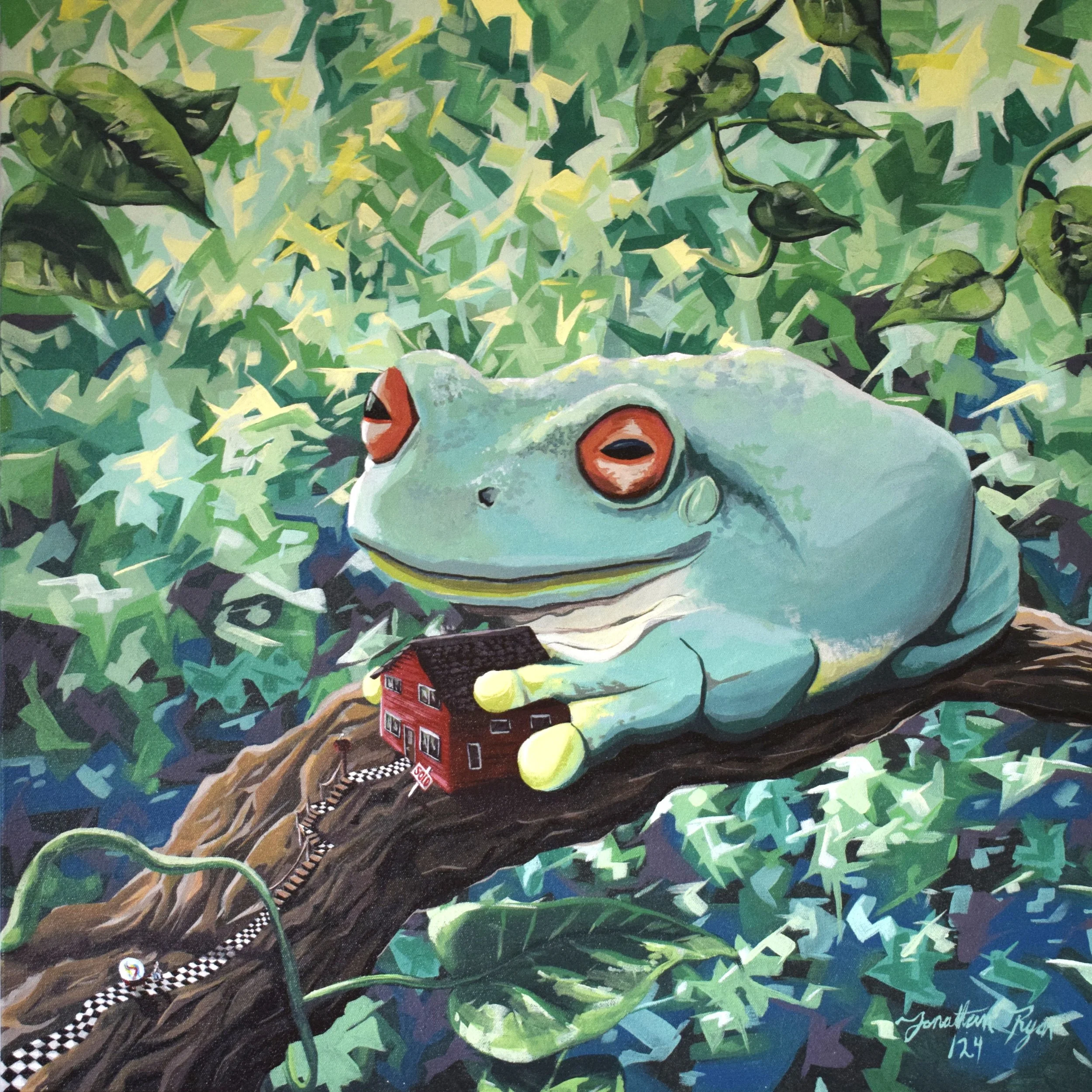 "Red Eyed Merchant" 
Acrylics on hand stretched 24"x24"x1.5" 13oz. (heavy cotton) canvas. 2024
SOLD