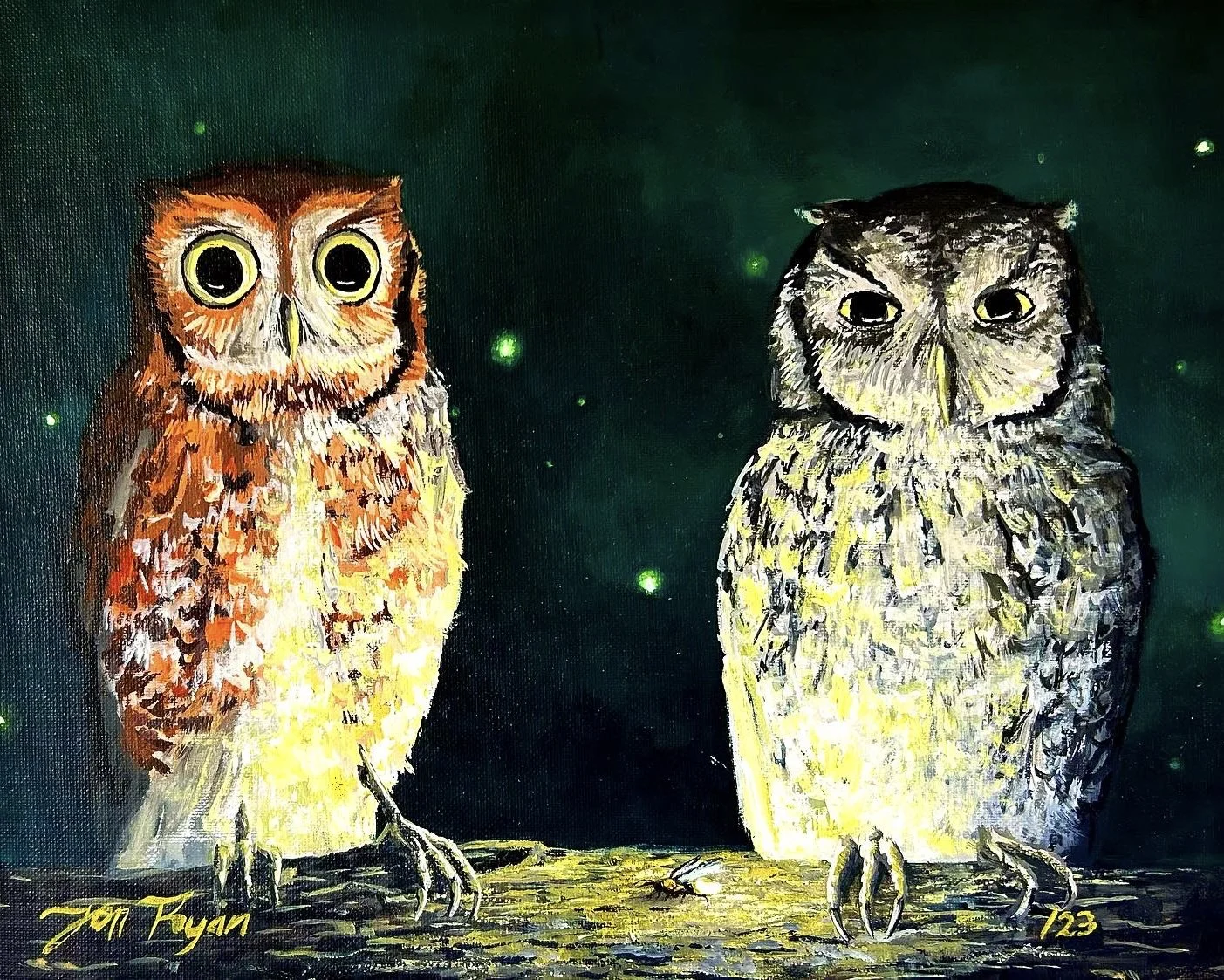 "Eastern Screech Owls", 
Acrylics on 12"x14"x1.5" stretched canvas. 2023