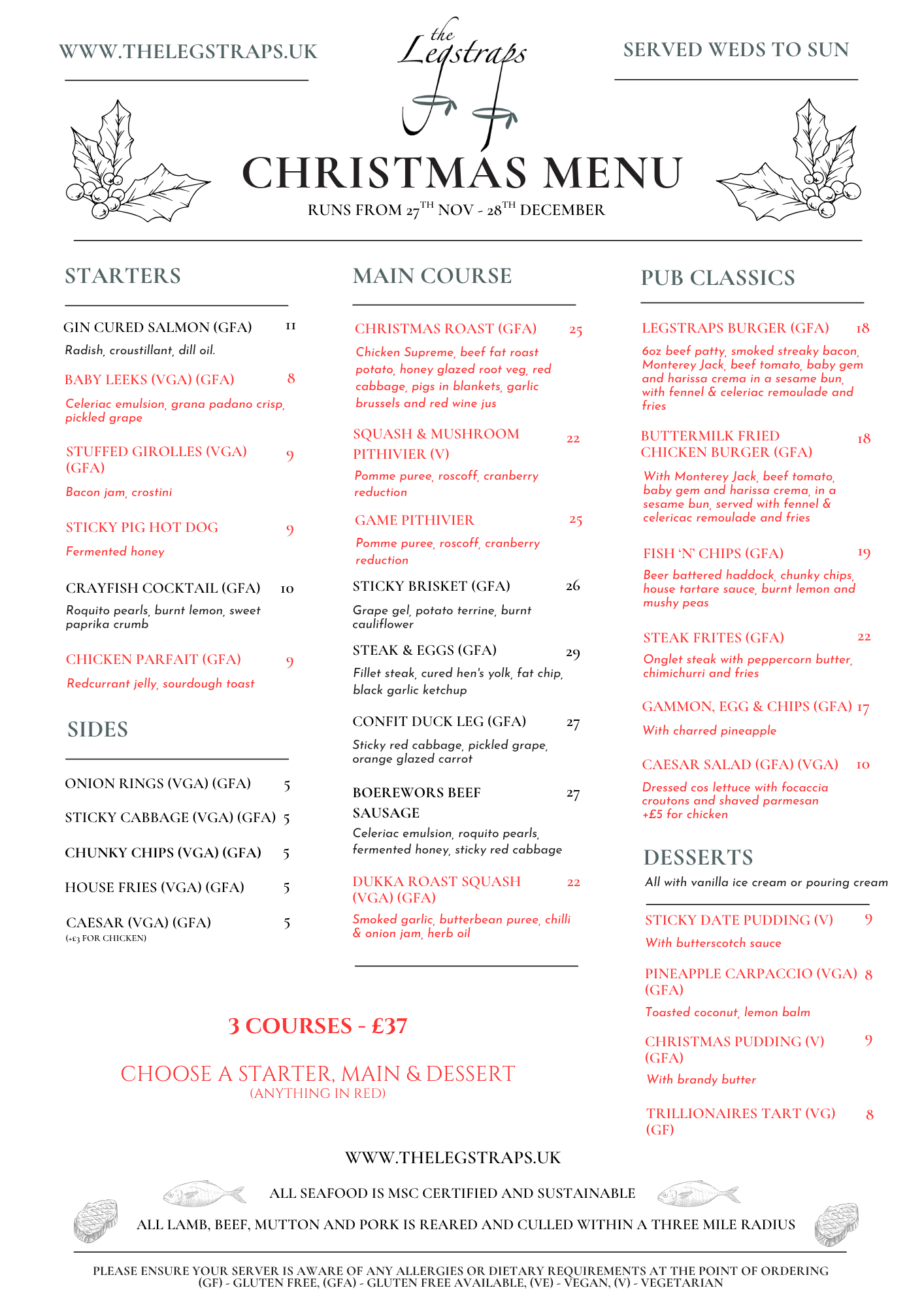 A Christmas menu from The Le Straps restaurant, text lists starters, main courses, pub classics, sides, and desserts with description and prices, including holiday-themed dishes like Christmas roast, stuffing, and desserts like sticky date pudding and Christmas pudding.