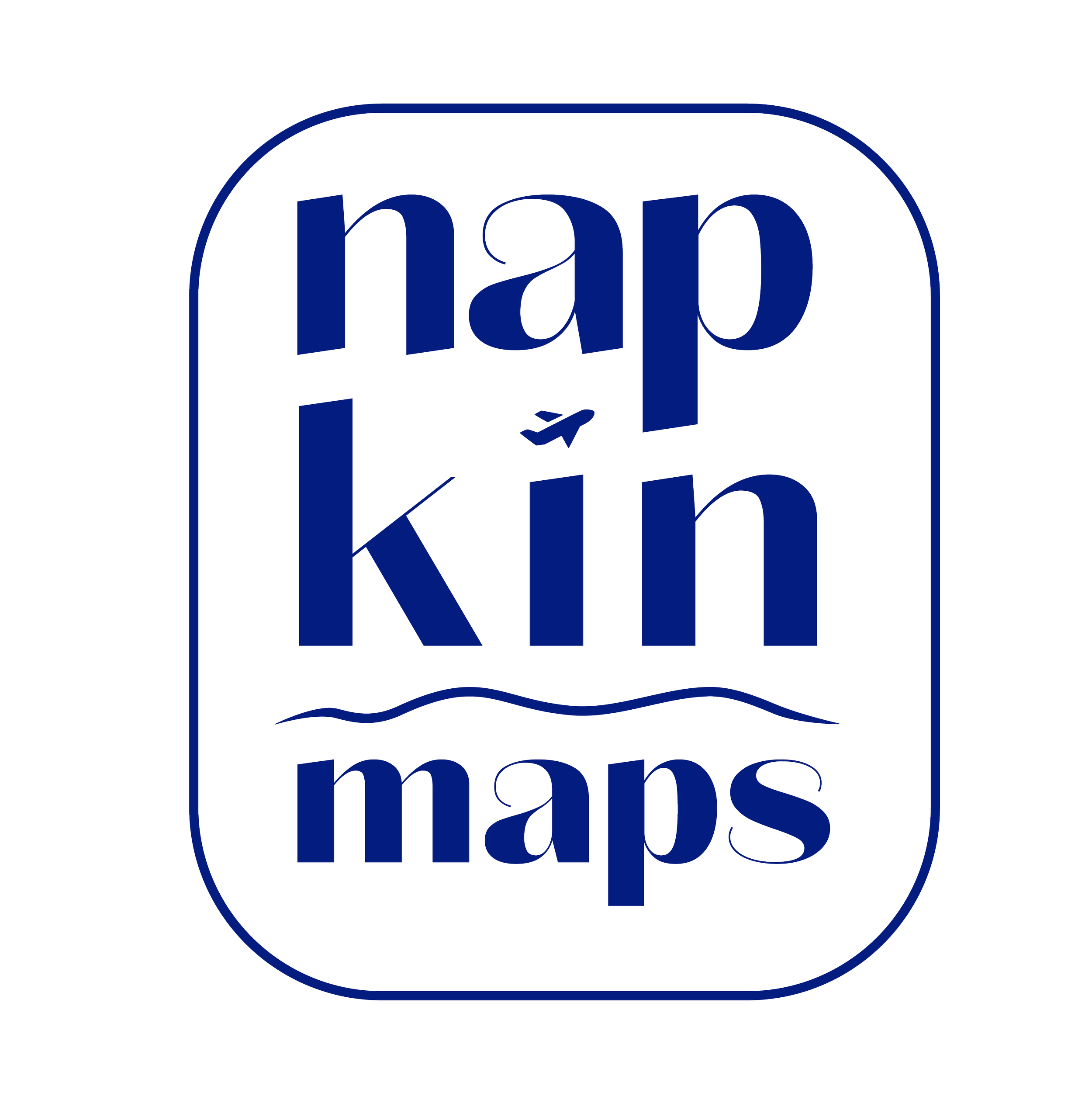 Logo with text 'napkin maps' and an airplane icon, in blue on a rounded rectangle background.