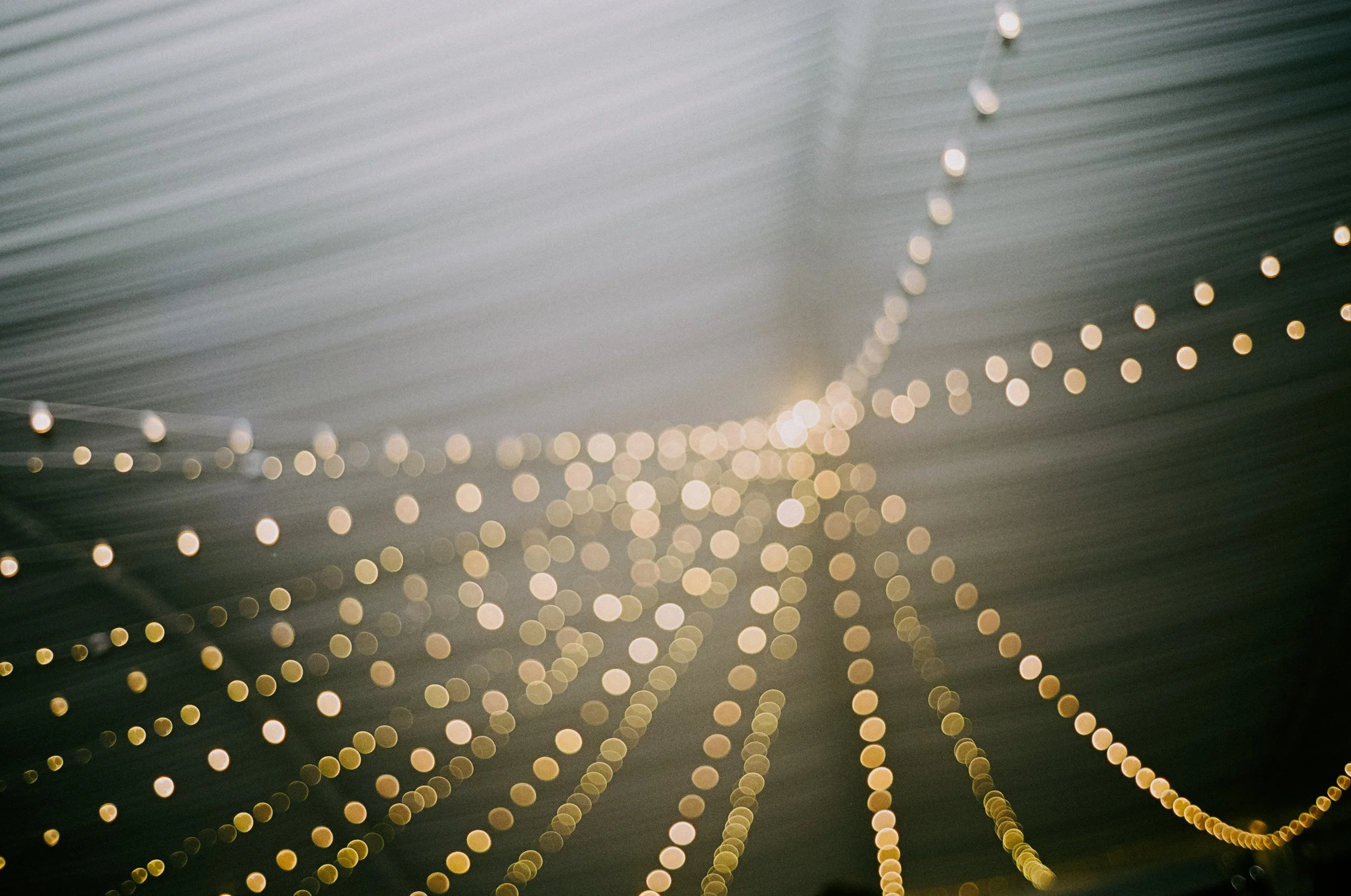 Blurred string lights hanging from ceiling creating a bokeh effect.