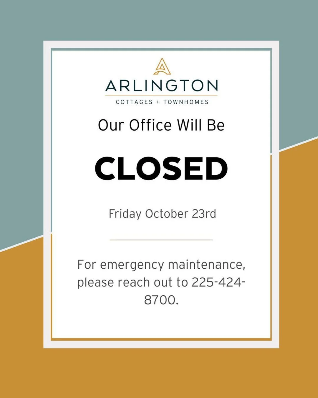 PSA, Arlington Residents! The office will be closed on Friday, October 23 and will reopen on Saturday, October 24 with normal business hours.Enjoy your Friday, stay safe, and we'll see you this weekend!