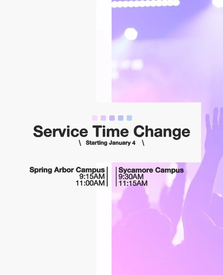 Radiant family, we are changing our service times beginning Sunday, January 4th. ⁠
⁠
Spring Arbor |  9:15AM &amp; 11AM (Live Streamed)⁠
Sycamore | 9:30AM &amp; 11:15AM⁠
⁠
We look forward to seeing you online or in-person!⁠