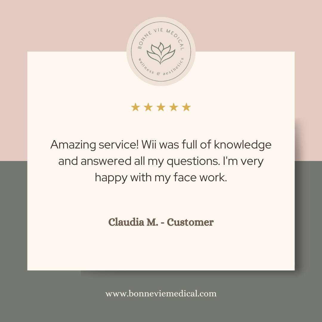 💫 Google Review from Claudia M. 💫

&ldquo;Amazing service! Wii was full of knowledge and answered all my questions. I&rsquo;m very happy with my face work.&rdquo;

Thank you, Claudia, for trusting us with your beauty journey! 💖

#bonneviemedical #