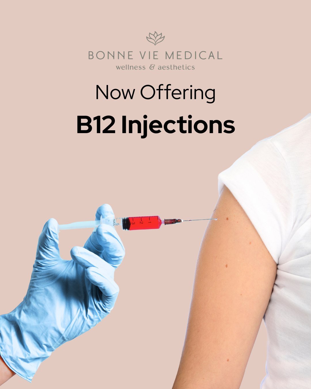 B12 Shots Now Available at Bonne Vie Medical! 💉

Feeling low on energy? Having trouble focusing? B12 to the rescue!
Our new Vitamin B12 injections help:

⚡ Boost energy &amp; metabolism
🧠 Improve mood &amp; mental clarity
💪 Support immune function