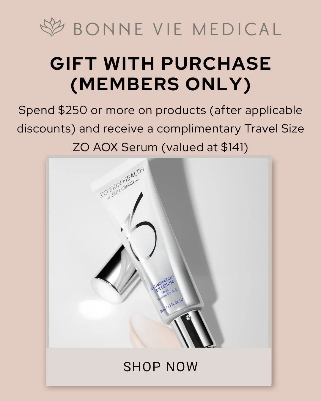 Member perks never looked so good! Spend $250+ on products and receive a complimentary travel-size ZO AOX Serum ($141 value). ✨ 

#BonneVieMedical #MemberPerks #ZOSkinHealth #MedicalGradeSkincare #SkincarePromo #GiftWithPurchase #AntiAgingSkincare #H