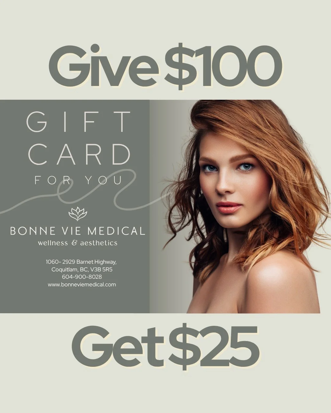 Buy a $100 Bonne Vie Gift Card and receive a $25 bonus card for yourself!
Perfect for spreading joy and a little self-care this season.

#BonneVieMedical #GiftCardPromo #HolidayGlow #SelfCareSeason #SkincareGifts #MedicalAesthetics #BeautyDeals #Luxu