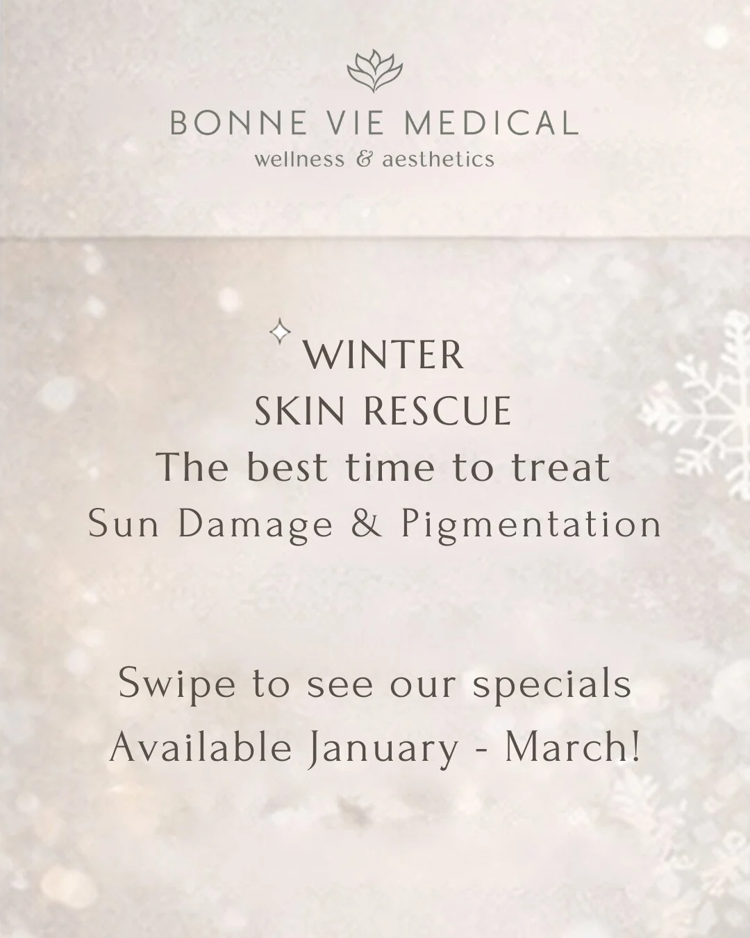 ❄️ Skin Rescue Winter Specials ❄️
Restore, refresh, and glow all season long with our January&ndash;March offers.
Swipe to see the specials and book your winter reset. ✨

#SkinRescue #WinterSpecials #BonneVieMedical #WinterGlow
