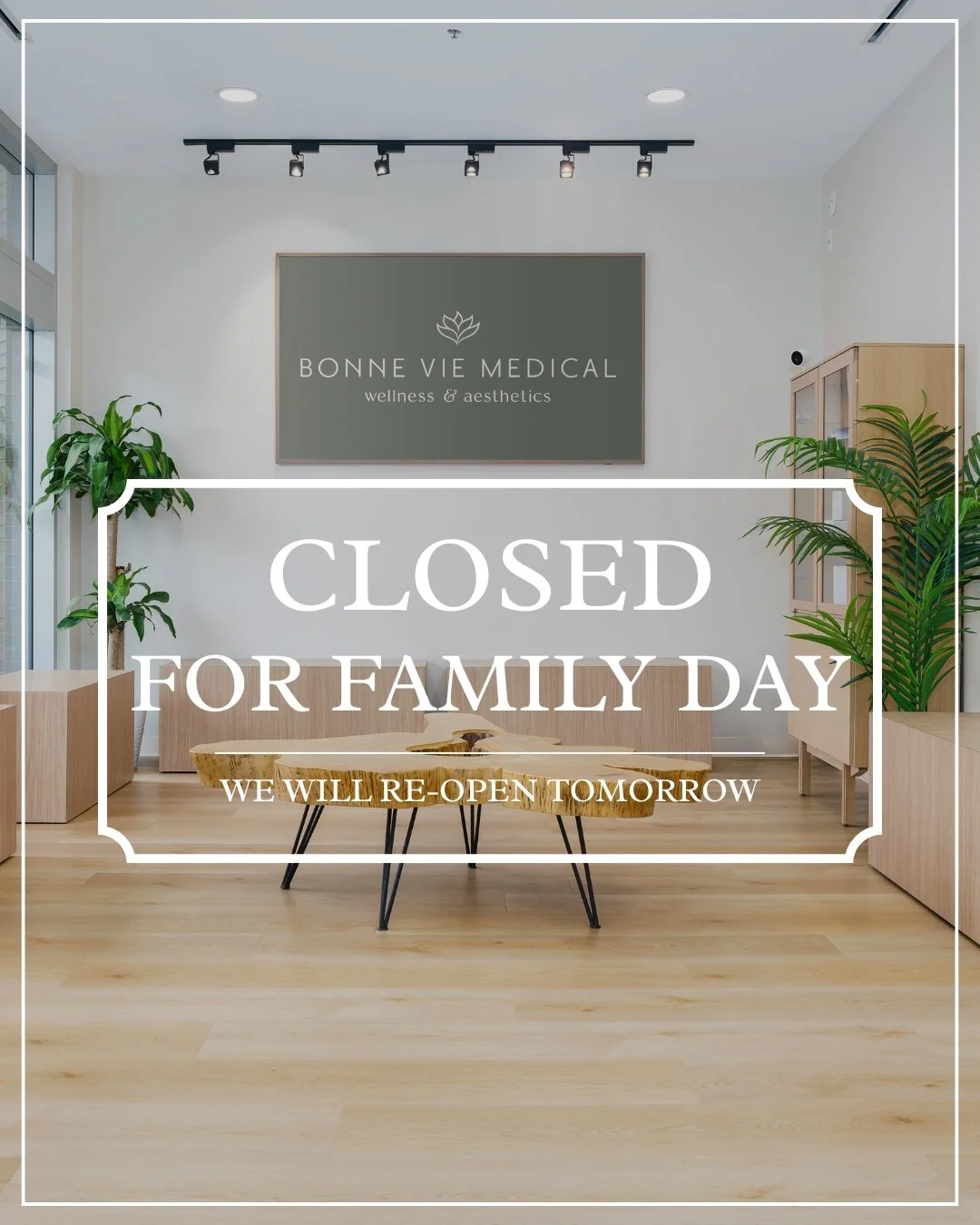 ✨ Family Day Closure Notice ✨

Bonne Vie Medical will be closed today in observance of Family Day.
We&rsquo;ll be back tomorrow, refreshed and ready to welcome you! 🤍
Wishing everyone a wonderful day spent with loved ones.

#BonneVieMedical #FamilyD