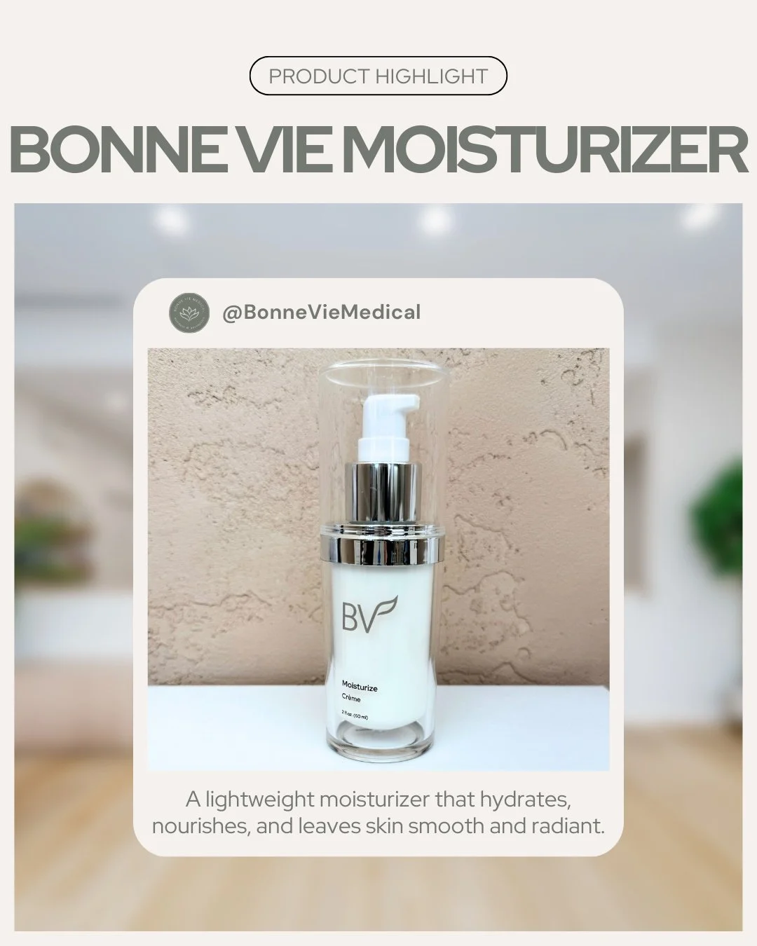 ✨ Product Highlight: Bonne Vie Moisturizer ✨
A lightweight formula that hydrates, nourishes, and leaves your skin feeling smooth, balanced, and radiant. Perfect for daily moisture without the heaviness.

Available in-clinic at Bonne Vie Medical.

#Bo