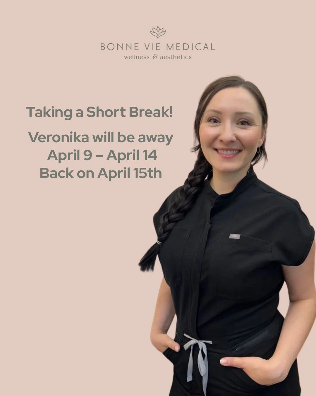 A Little Time to Recharge ✨
Veronika will be away
April 9 &ndash; April 14

We can&rsquo;t wait to see you when she&rsquo;s back

#OutOfOffice #ClinicUpdate #BookAhead #SelfCare #AestheticClinic #SkinCareRoutine #GlowUp #BeautyClinic #MedicalAestheti