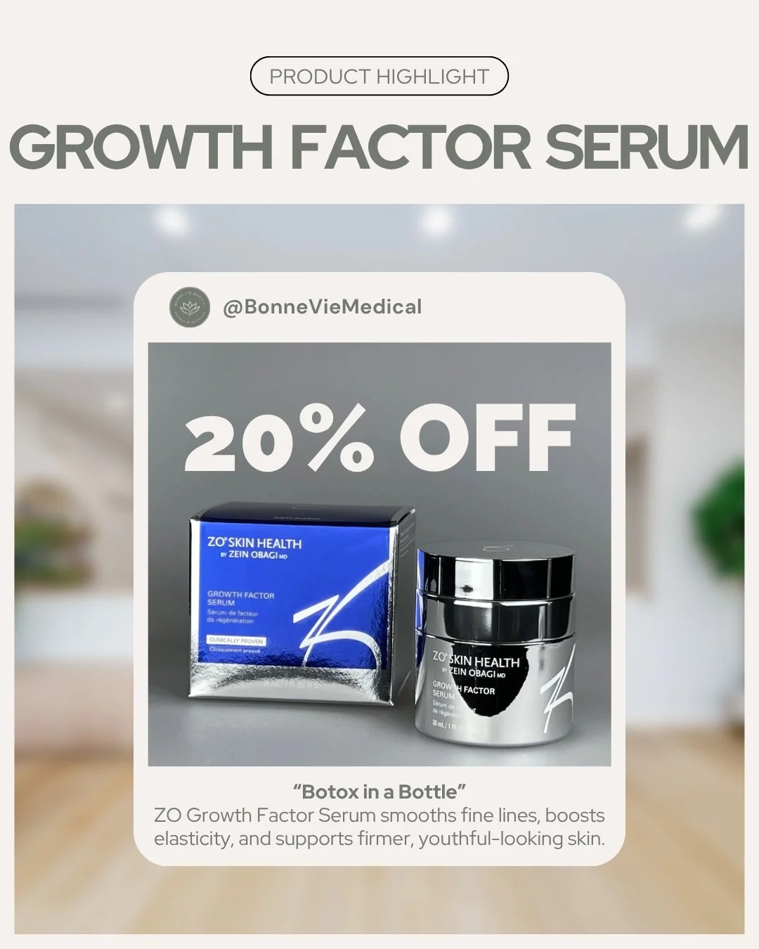 𝟮𝟬% 𝗢𝗙𝗙 𝗭𝗼'𝘀 𝗚𝗿𝗼𝘄𝘁𝗵 𝗙𝗮𝗰𝘁𝗼𝗿 𝗦𝗲𝗿𝘂𝗺 ✨

&ldquo;Botox in a Bottle&rdquo;
Smooth, firm, and glow with ZO Growth Factor Serum for visibly youthful skin.

#ZOSkinHealth #BotoxInABottle #MedicalGradeSkincare #GlowingSkin #SkinRejuvena