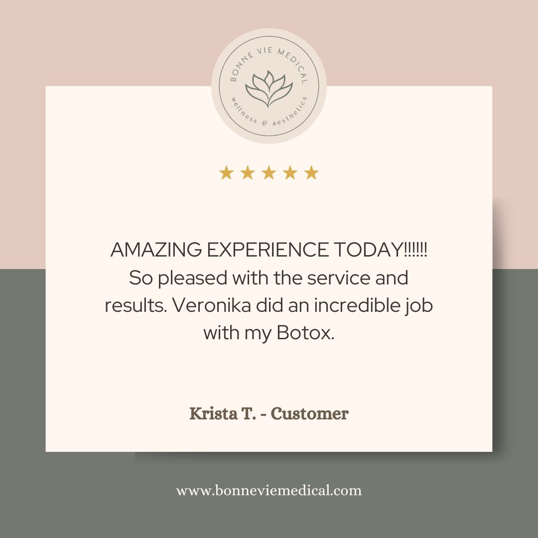 We love hearing how happy our clients are with their results. Thank you, Krista T., for trusting us with your Botox, and shoutout to Veronika for delivering such incredible care. ✨

Your confidence is our priority.

#ClientLove #5StarReview #BonneVie