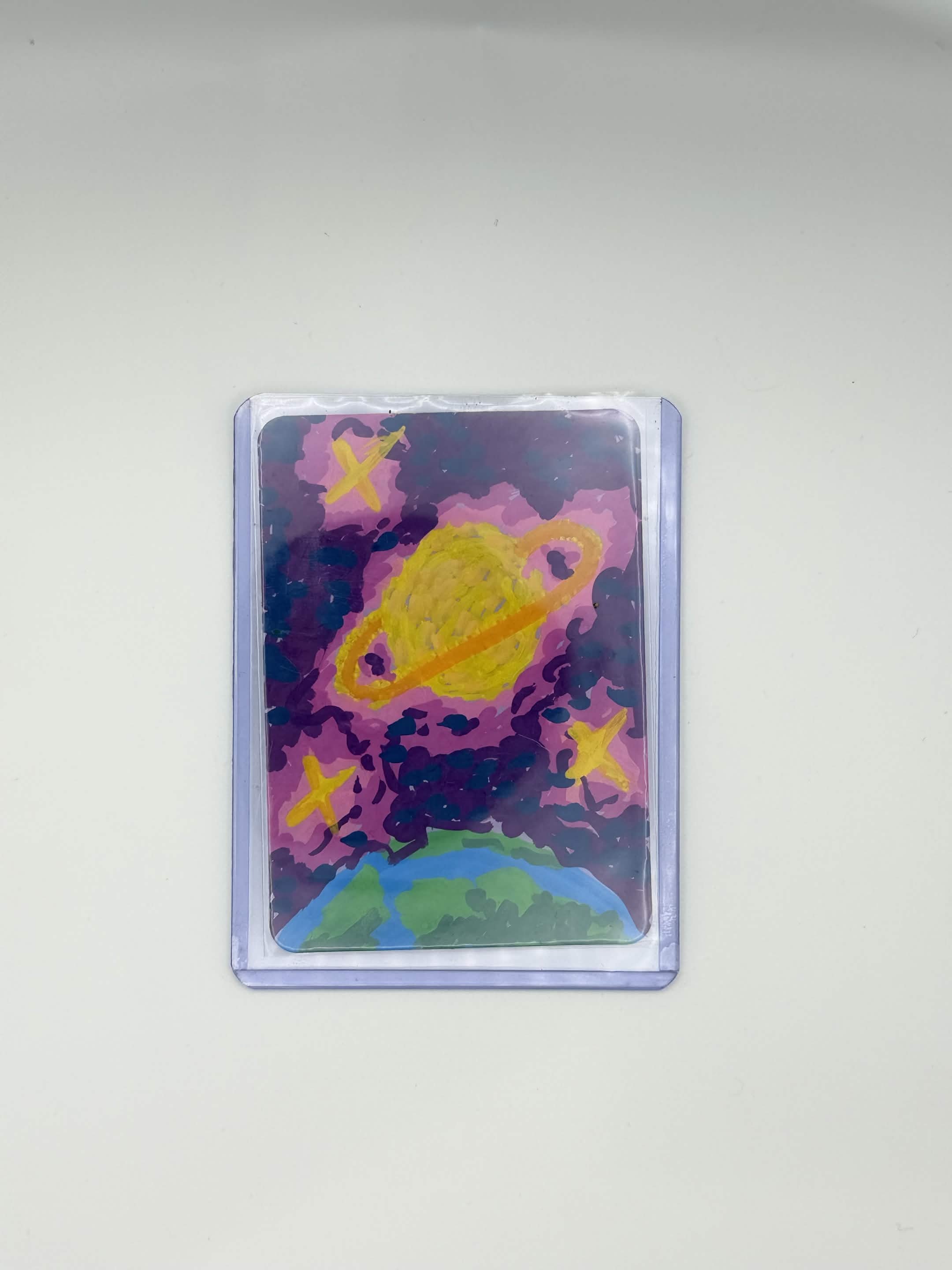 Ringed Planet & Stars Original ACEO • Acrylic Paint Pen Mini Art • 2.5" x 3.5"