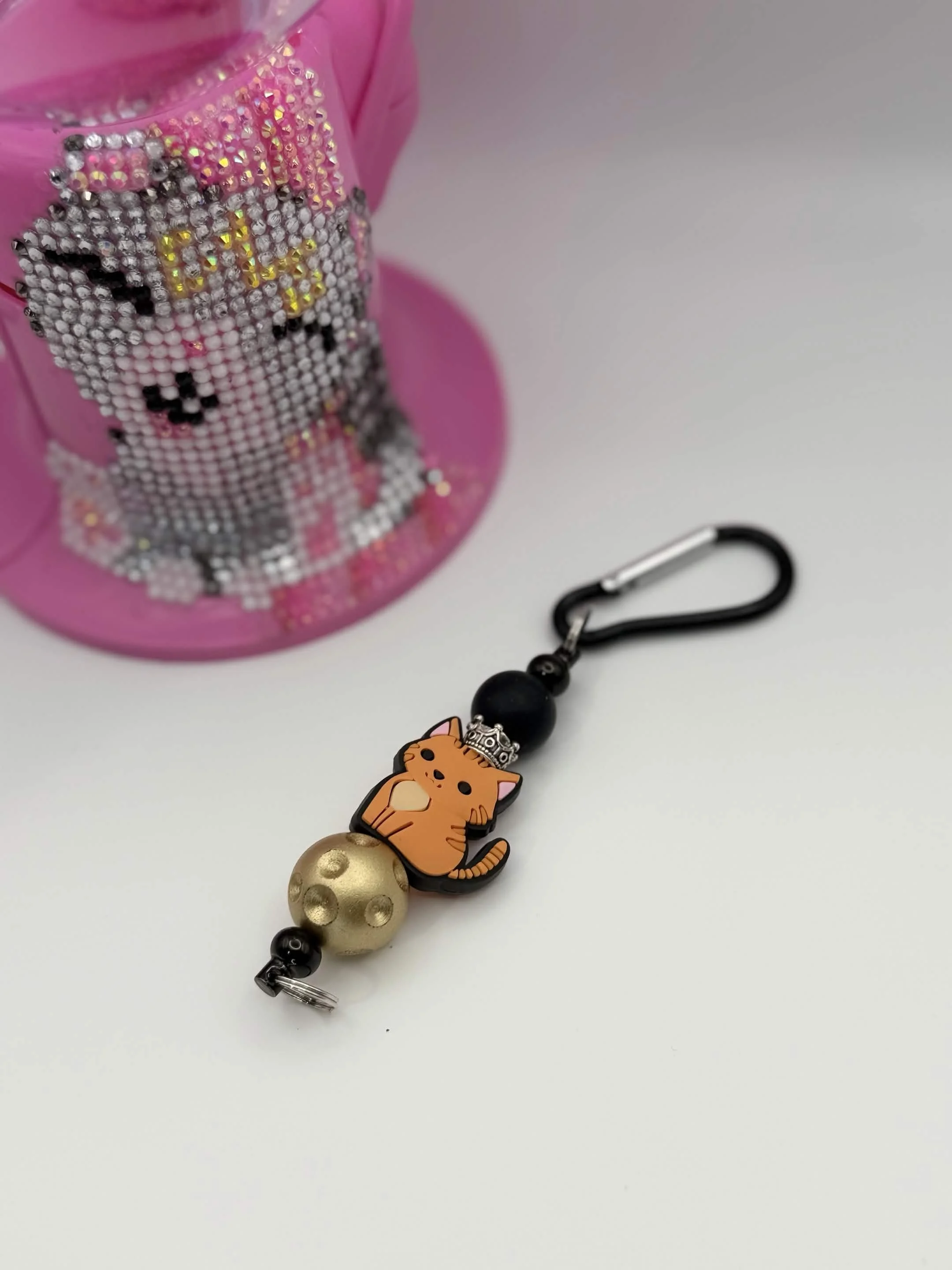 Orange Cat Beaded Keychain Clip