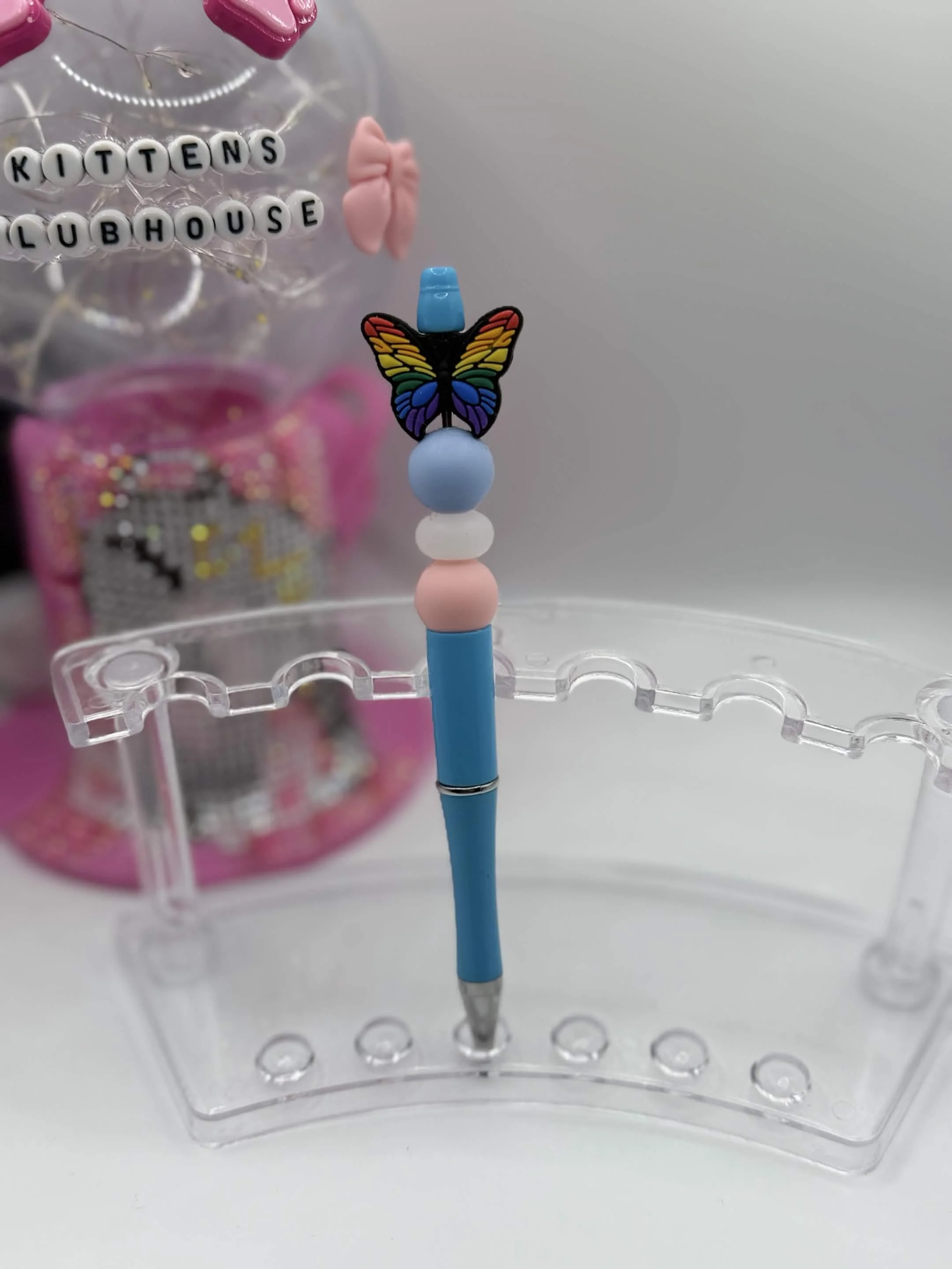 Transgender Pride Beaded Refillable Pen – Handmade Rainbow Butterfly Design