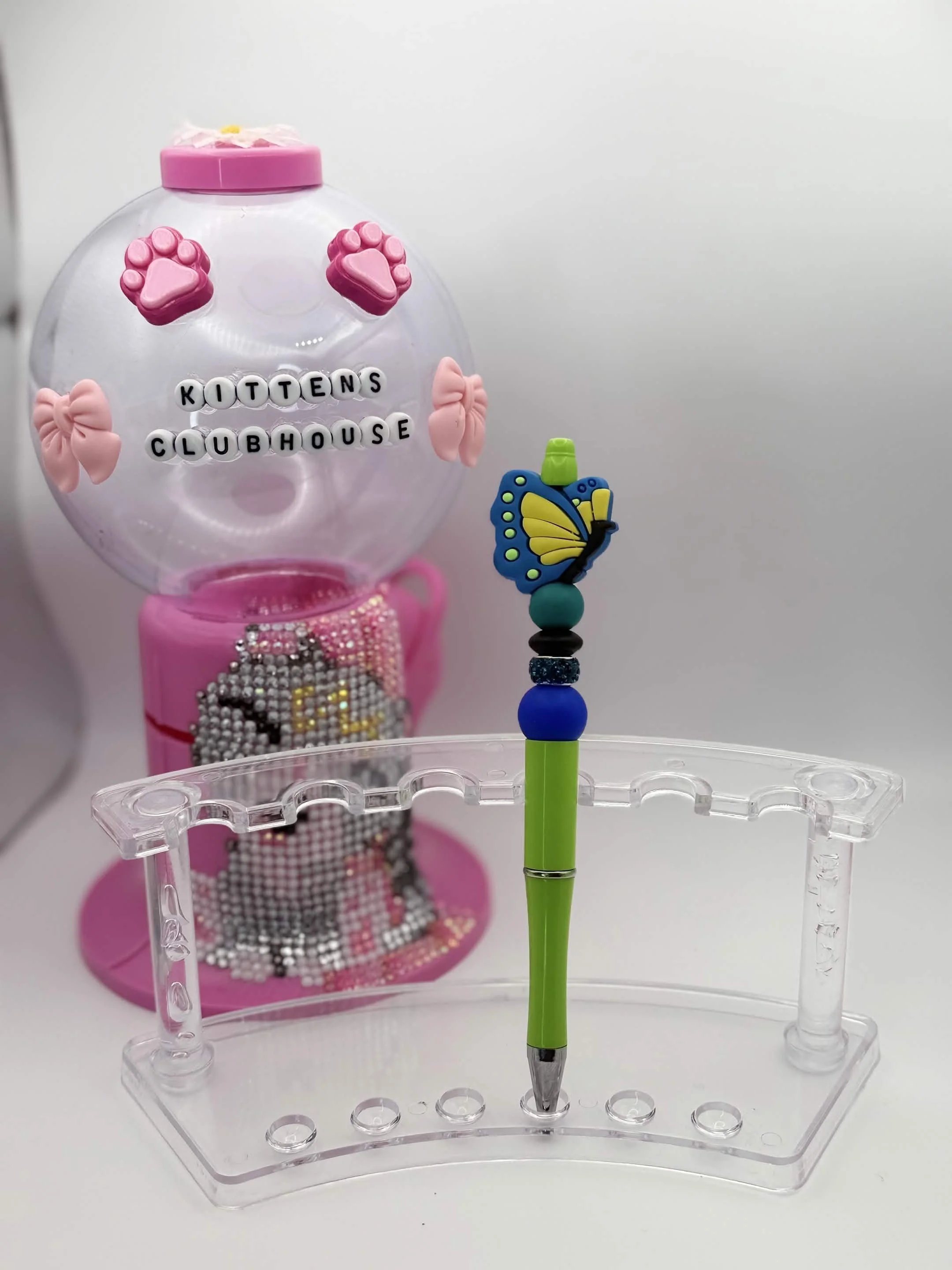 Blue & Yellow Butterfly Topper Refillable Beaded Pen • Handmade Bead Pen • Bright & Whimsical Stationery