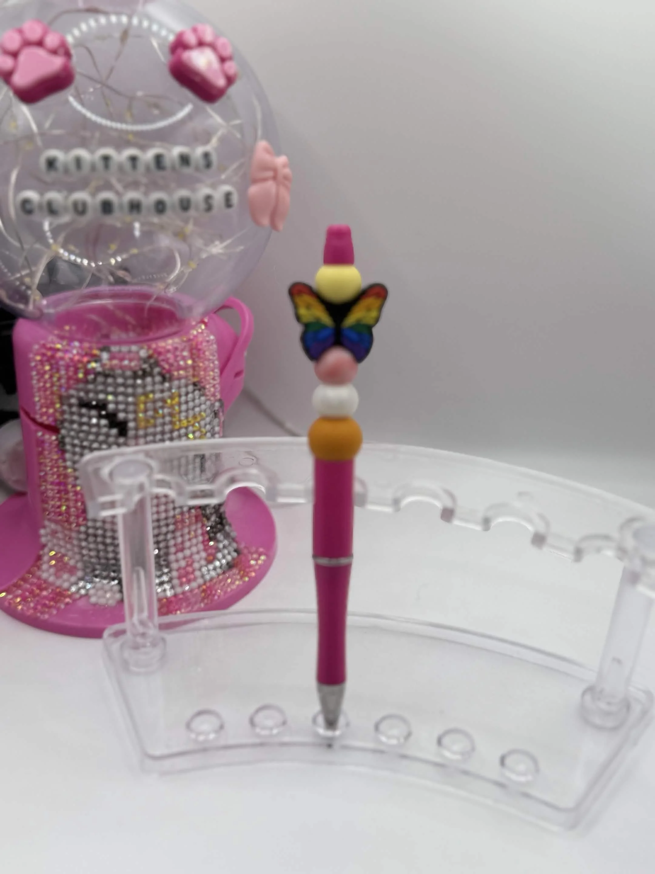 Lesbian Pride Beaded Refillable Pen – Handmade Rainbow Butterfly Design