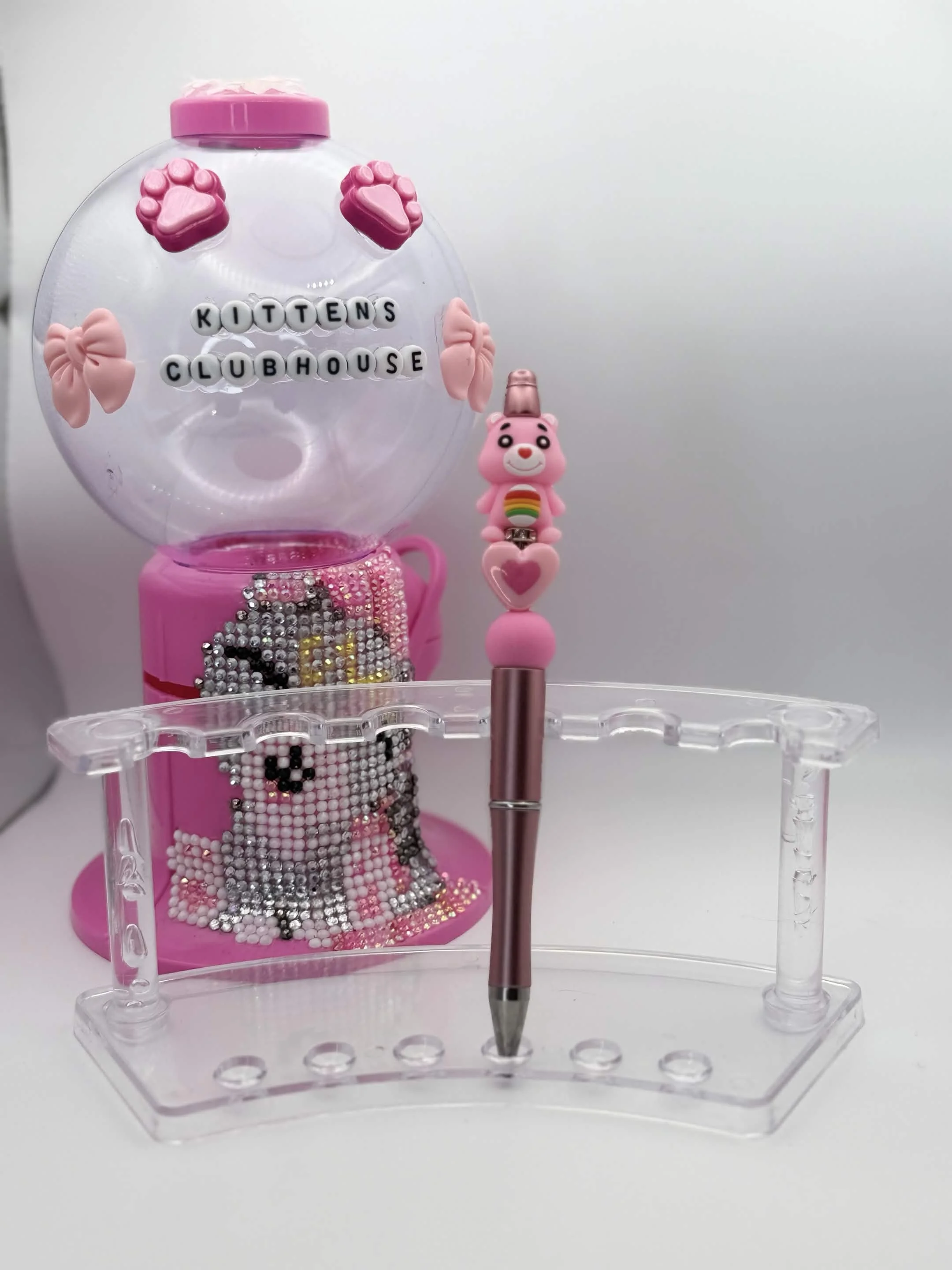 Pink Teddy Bear with Heart Refillable Beaded Pen