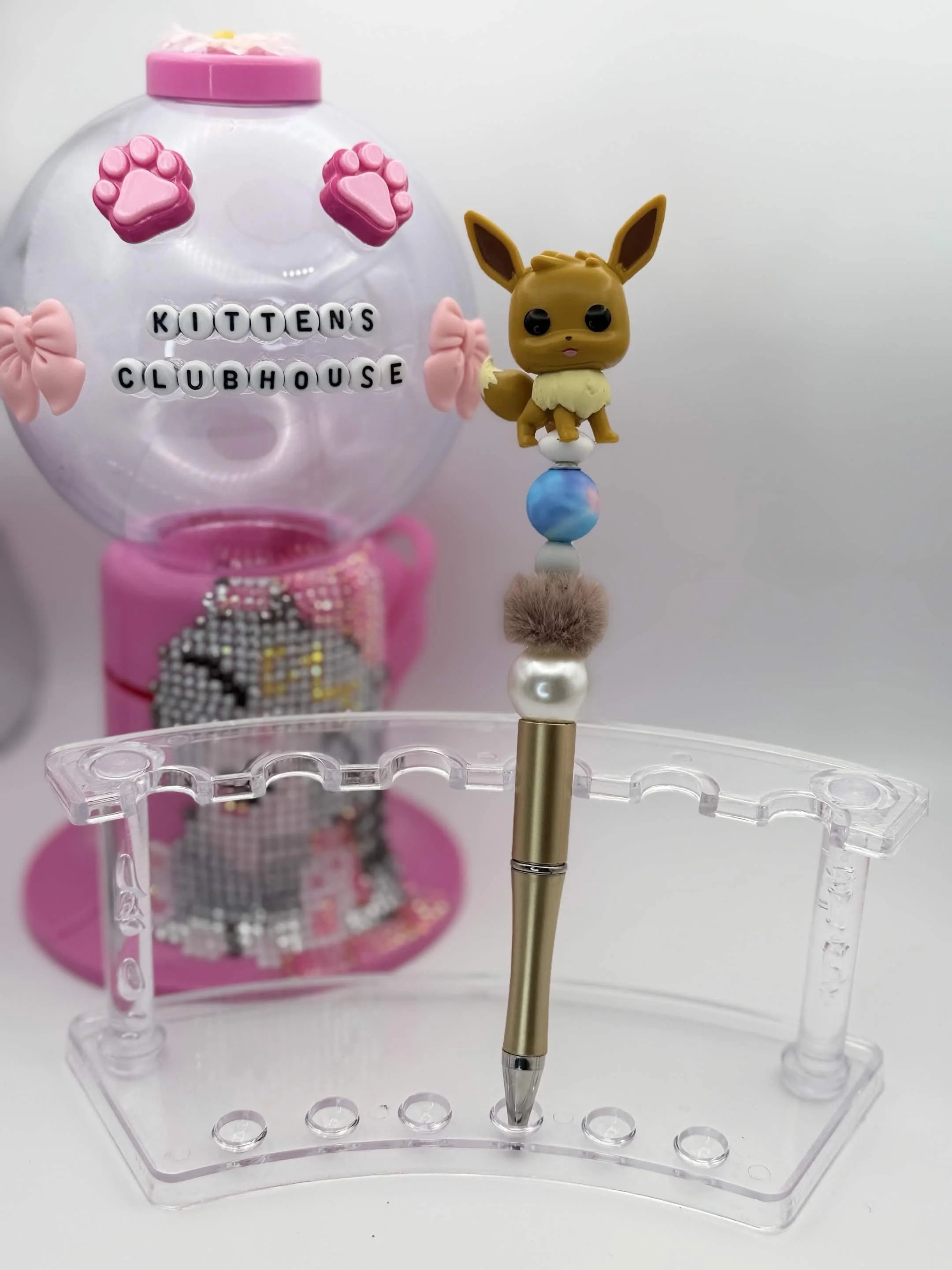 Eevee Mini Funko Pop Refillable Beaded Pen • Handmade Bead Pen • Pokémon‑Inspired Stationery