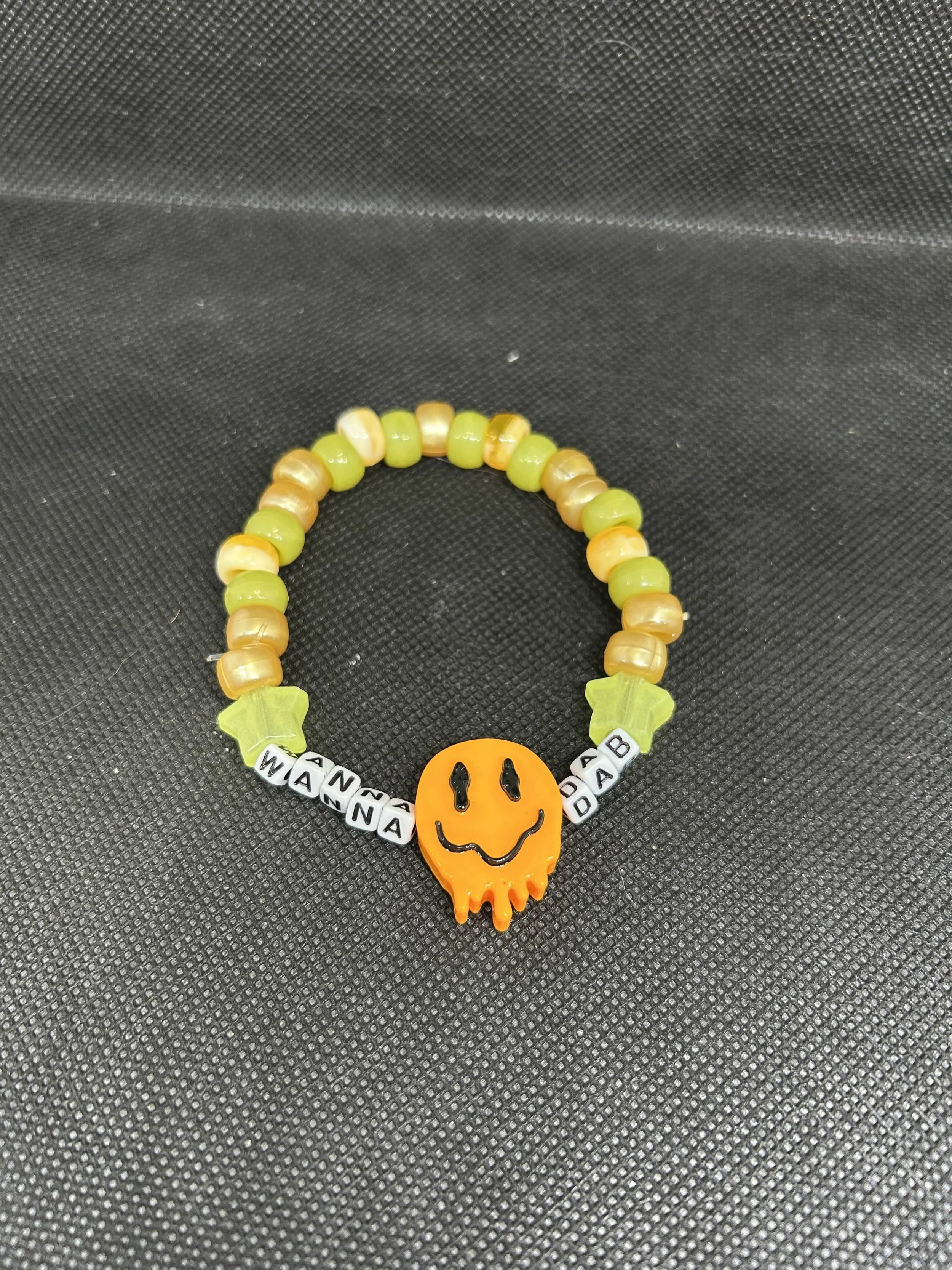 “WANNA DAB” Kandi Bracelet | Stoner Rave Single with Melting Smiley Charm & Green Star Beads