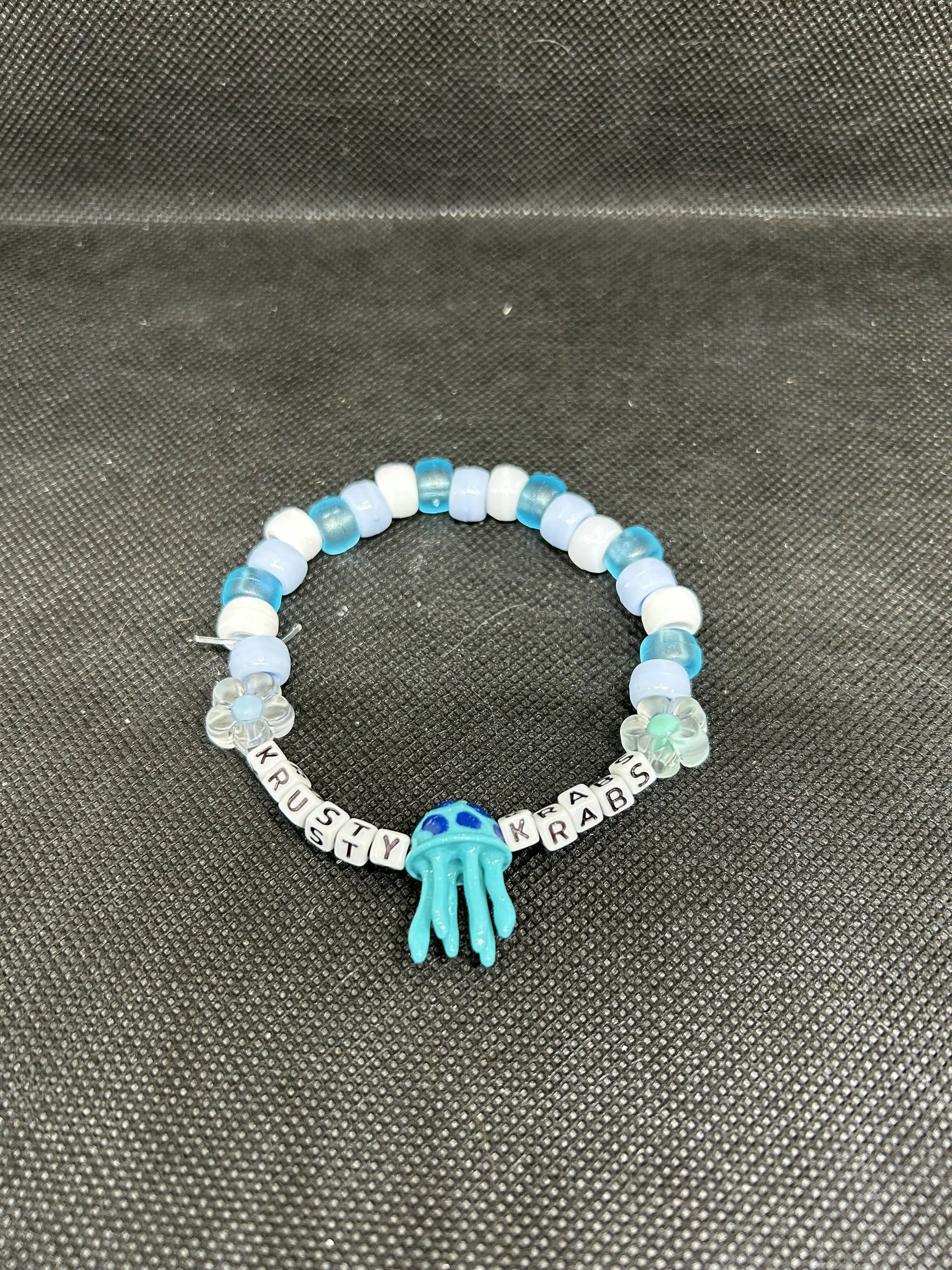 “KRUSTY KRABS” Kandi Bracelet | Blue Jellyfish Charm Rave Single with Ocean Beads & Flower Accents