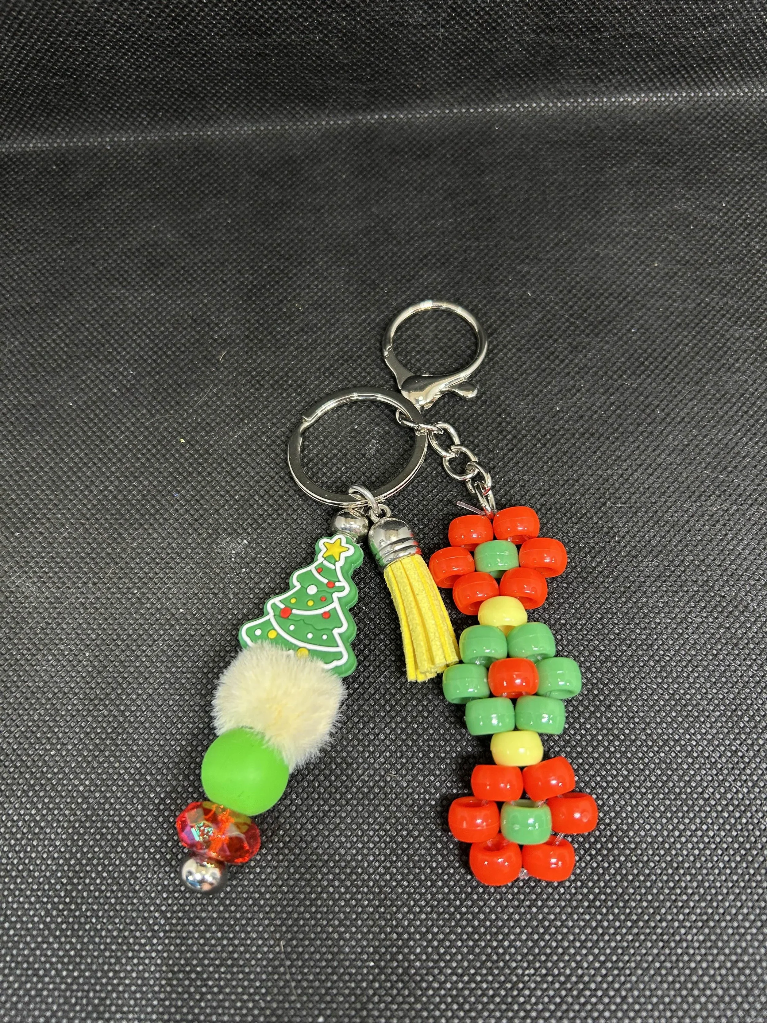 Holiday Keychain Set | Christmas Tree Charm, Yellow Tassel & Beaded Floral Accessory for Gifts & Bags