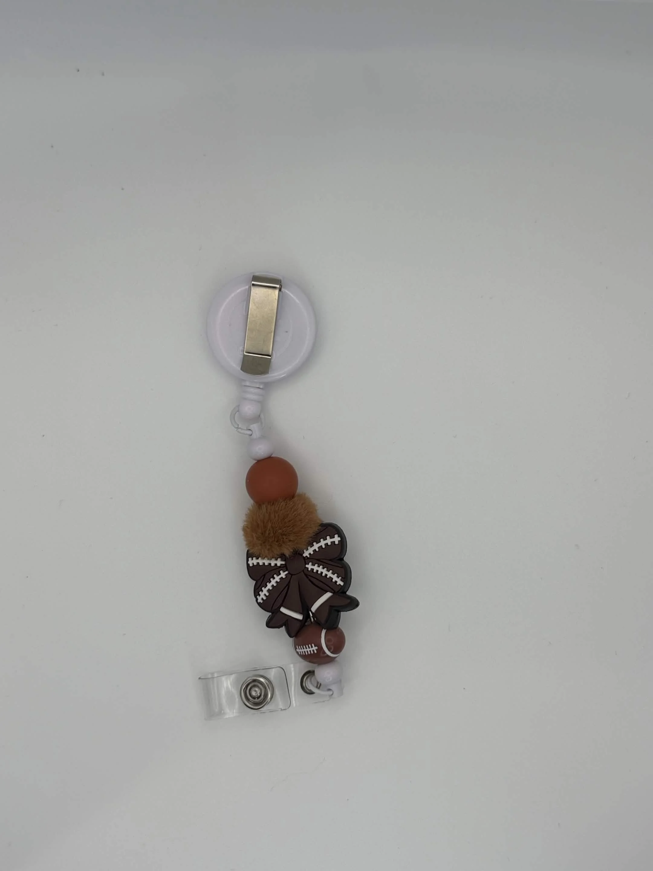 Football Badge Reel | Sports Fan ID Holder with Pom-Pom & Bow