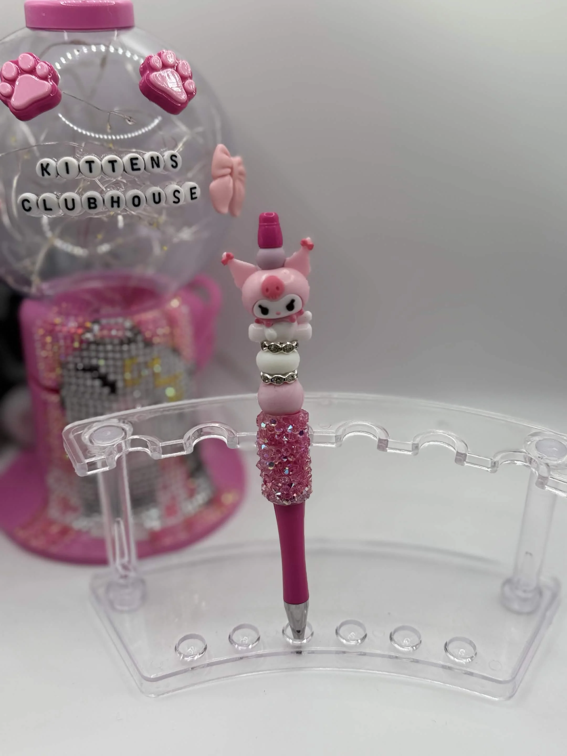 Pink Kuromi Beaded Refillable Pen – Handmade Sparkly Sanrio Stationery