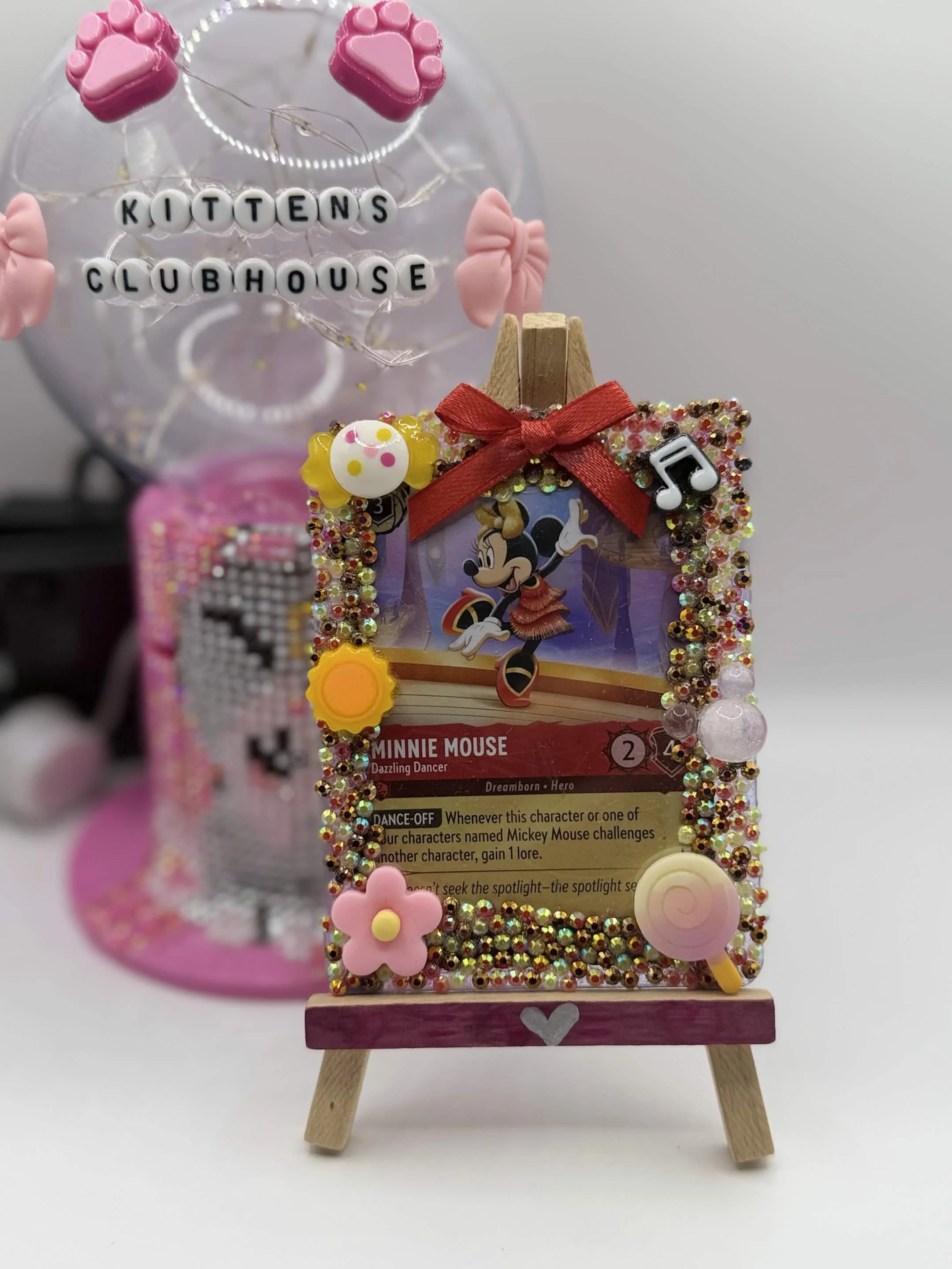 Bedazzled Minnie Mouse Lorcana Card Display – Handmade Disney Top Loader Art