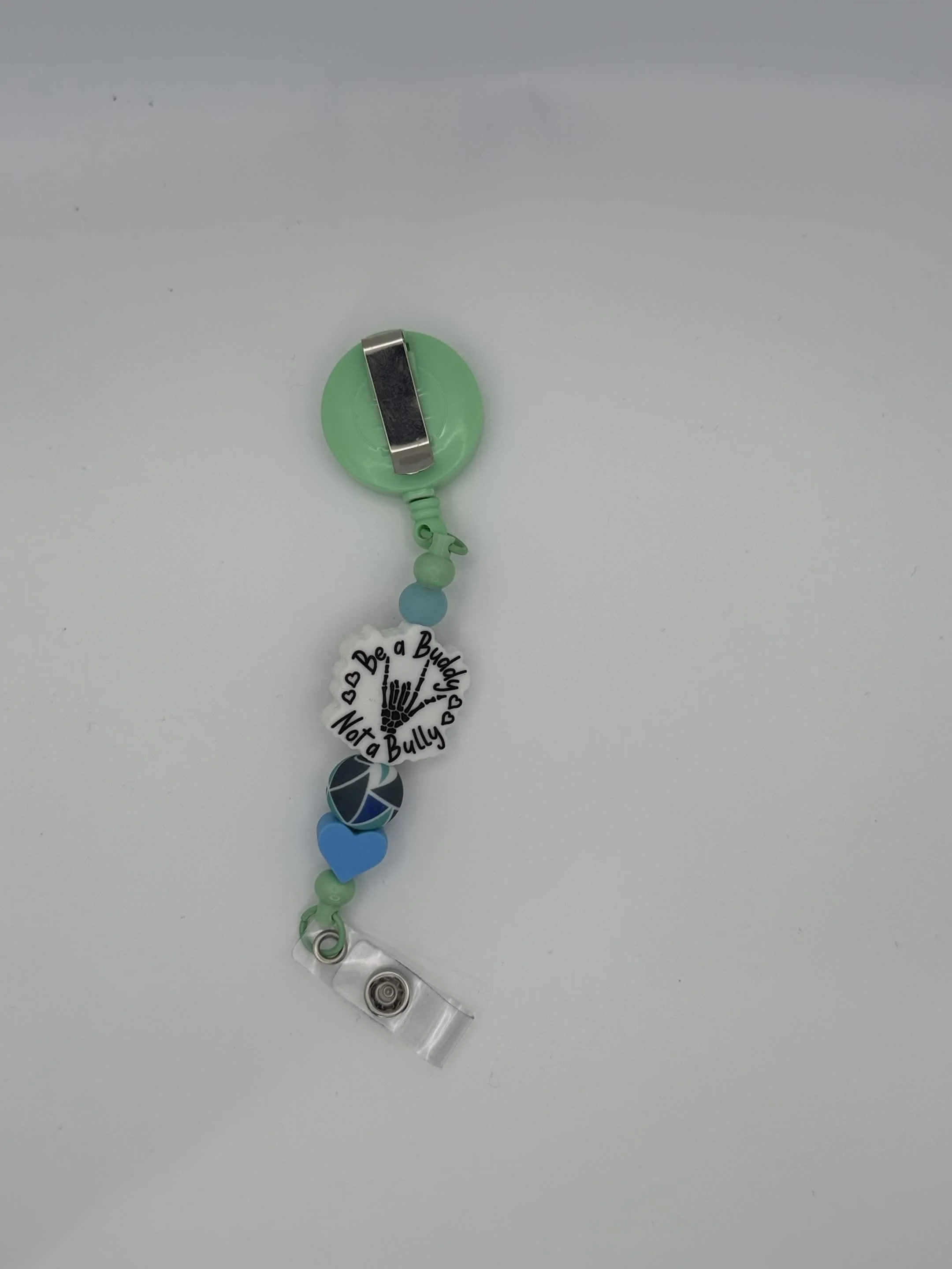 "Be a Buddy Not a Bully" Skeleton Hand Badge Reel | Green & Blue Beaded ID Holder