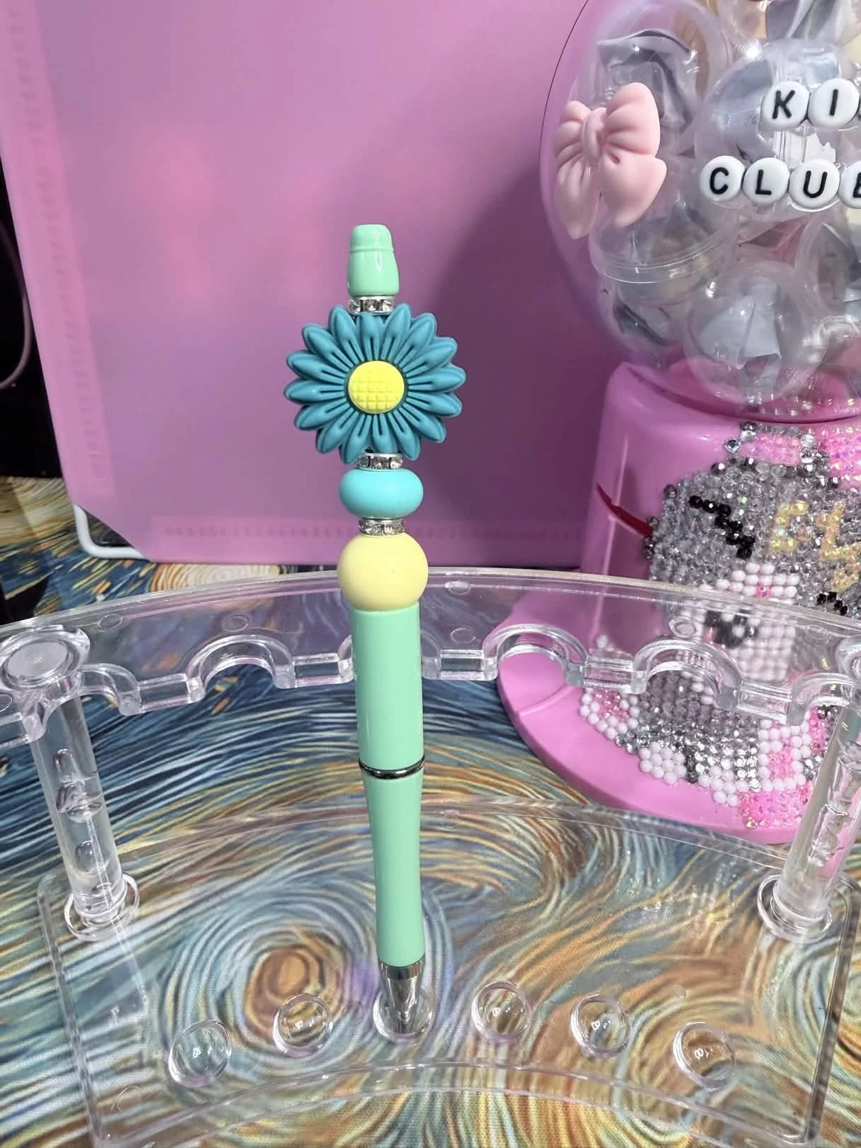 Blue Daisy Topper Refillable Beaded Pen • Handmade Bead Pen • Fresh & Floral Stationery