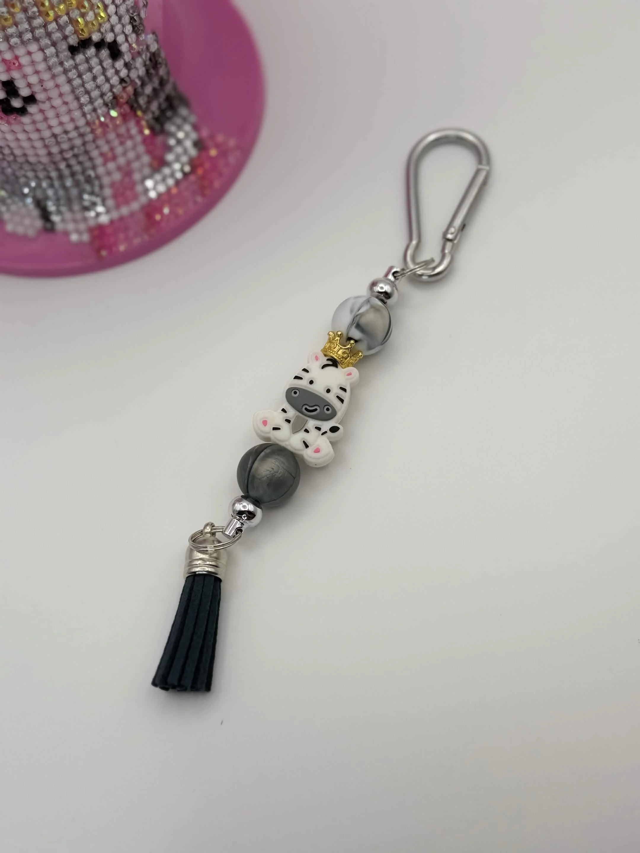 Regal Zebra Keychain with Crown, Beads & Tassel | Cute Animal Accessory for Bags, Badges & Gifts