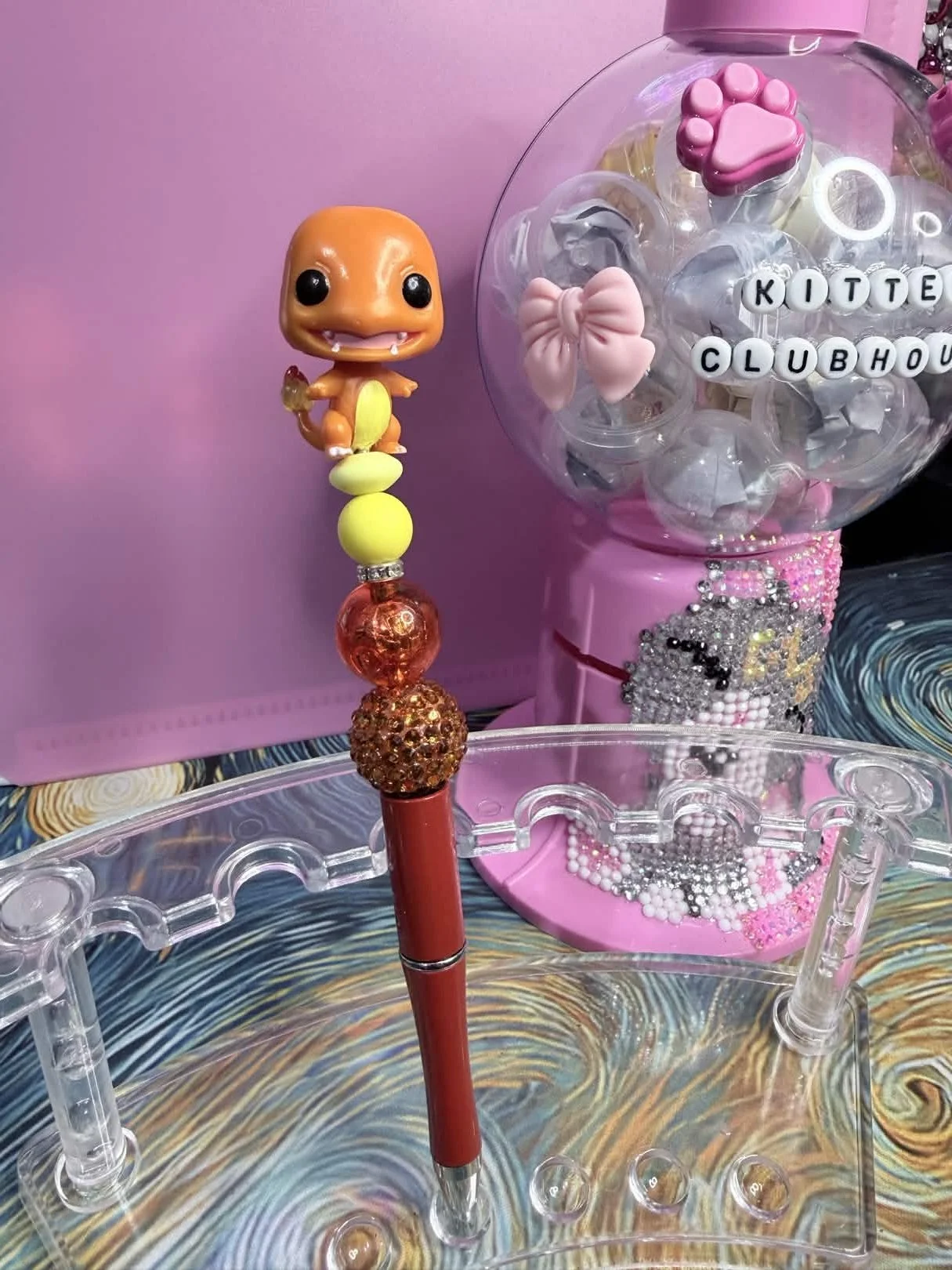 Charmander Mini Funko Pop Refillable Beaded Pen • Handmade Bead Pen • Pokémon‑Inspired Stationery