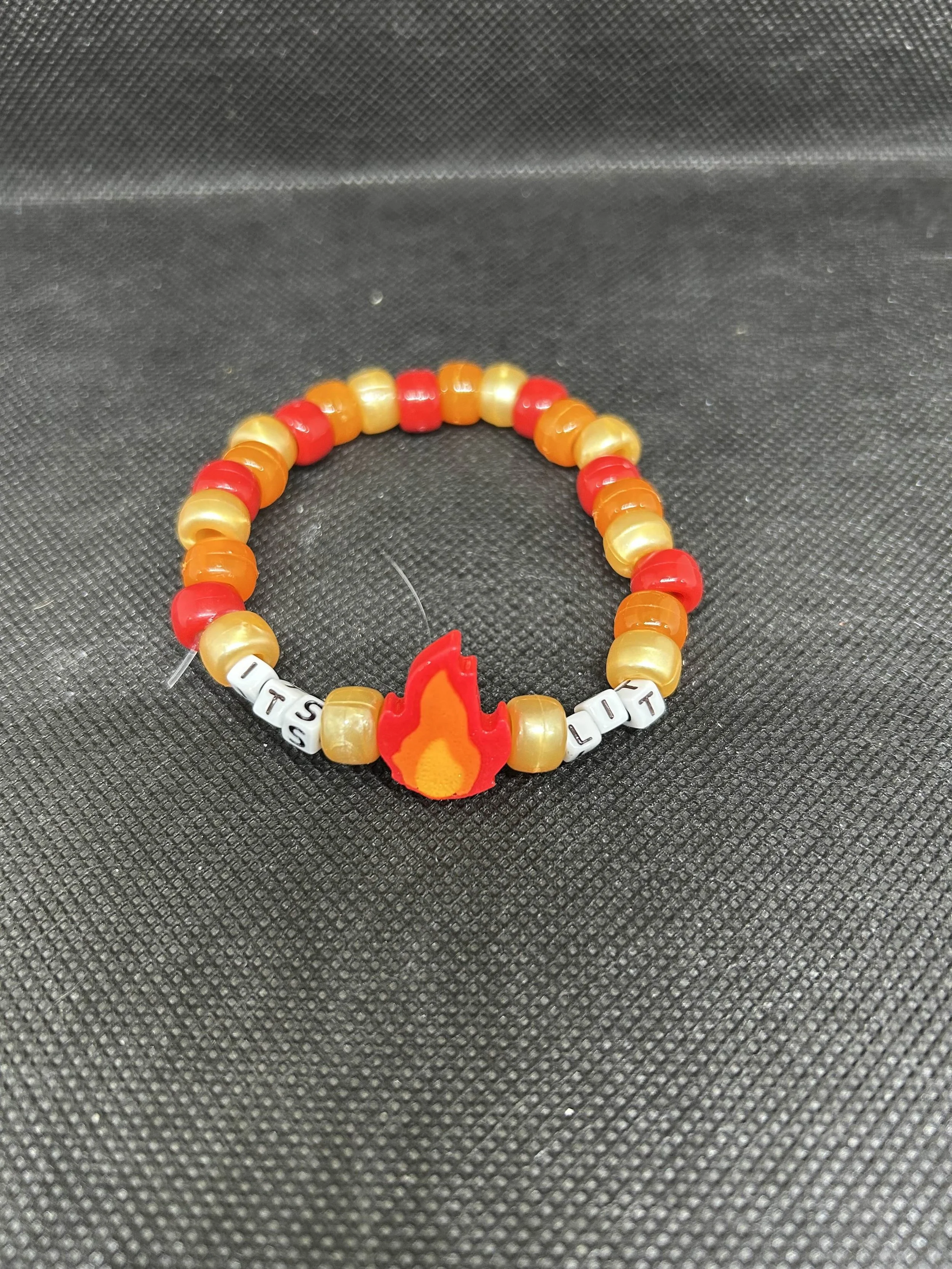 “ITS LIT” Kandi Bracelet | Red, Orange & Yellow Beaded Rave Single with Flame Charm