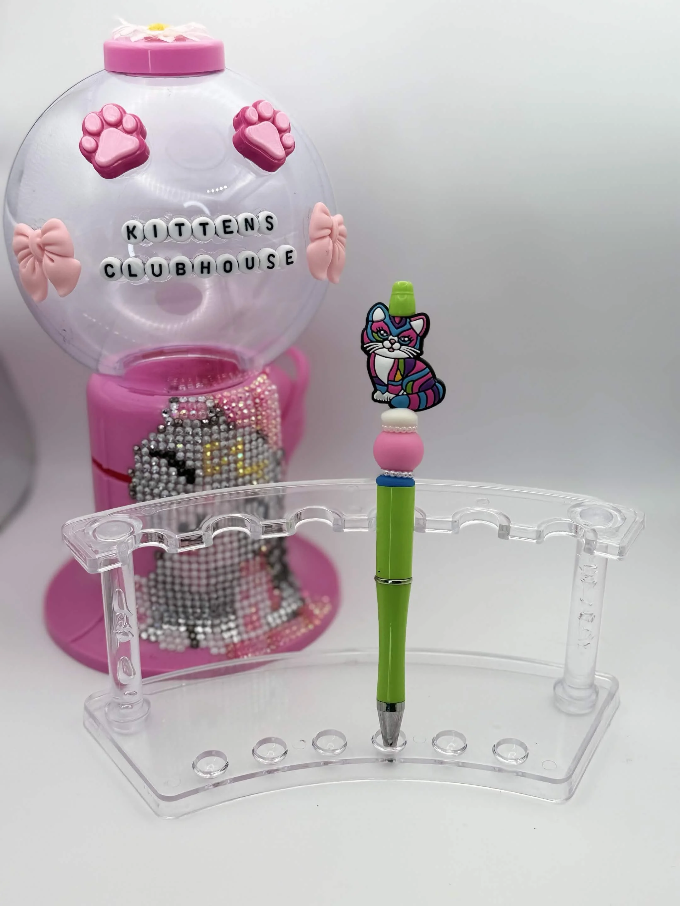 Green Pearly Rainbow Kitty Refillable Beaded Pen