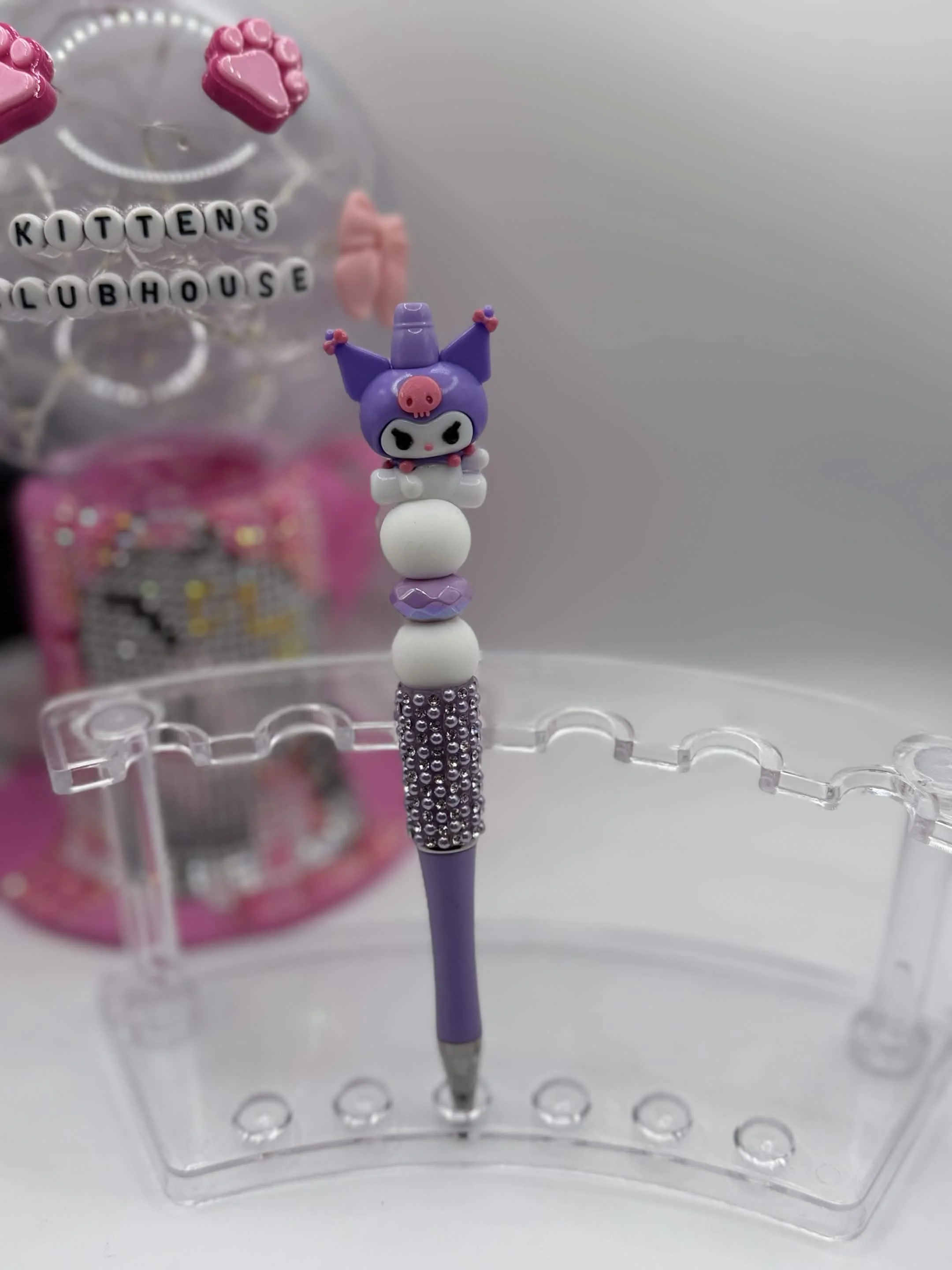 Purple Pearly Kuromi Beaded Refillable Pen – Handmade Sanrio Stationery