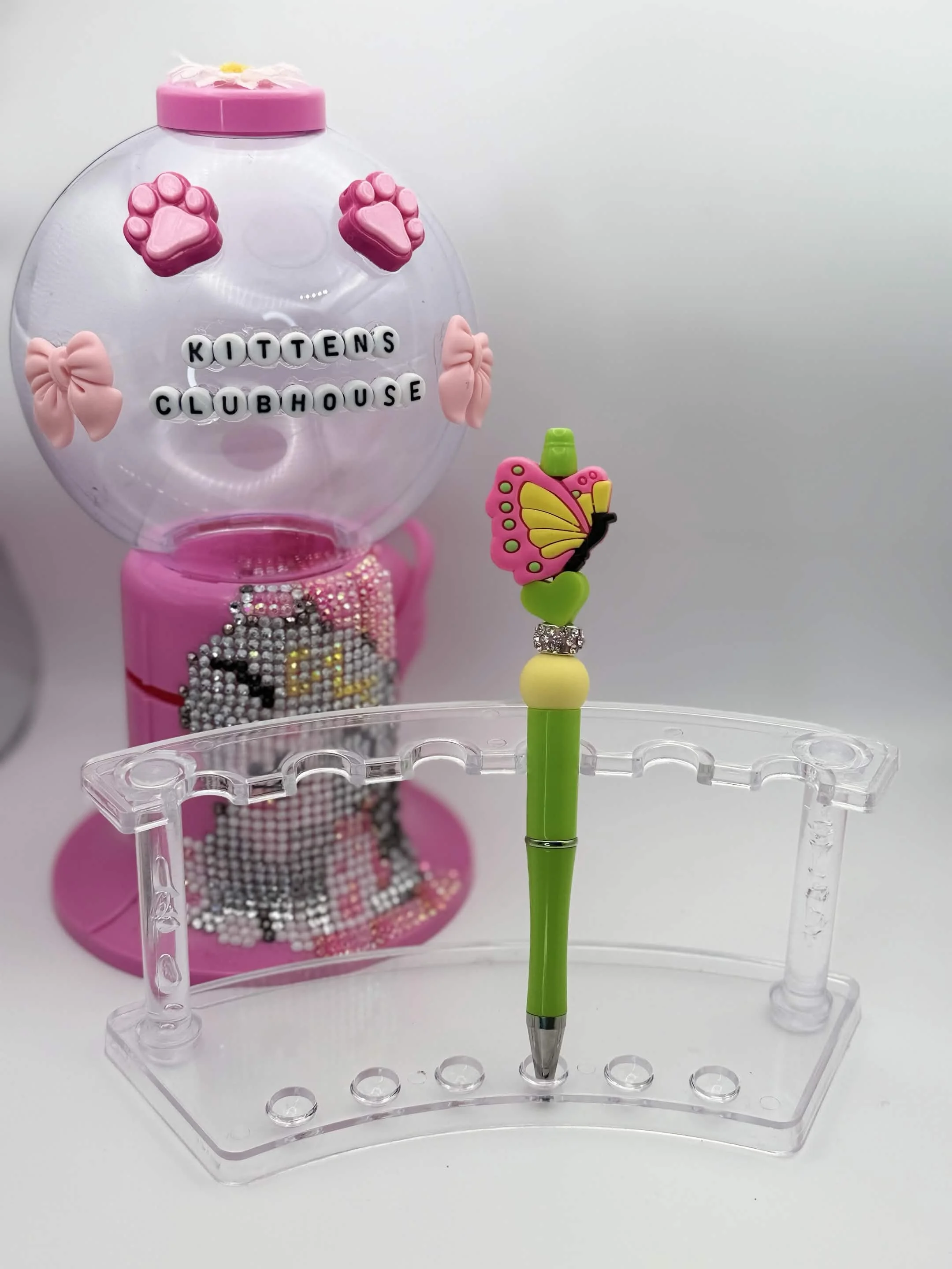 Pink & Green Butterfly Topper Refillable Beaded Pen • Handmade Bead Pen • Cute & Colorful Stationery