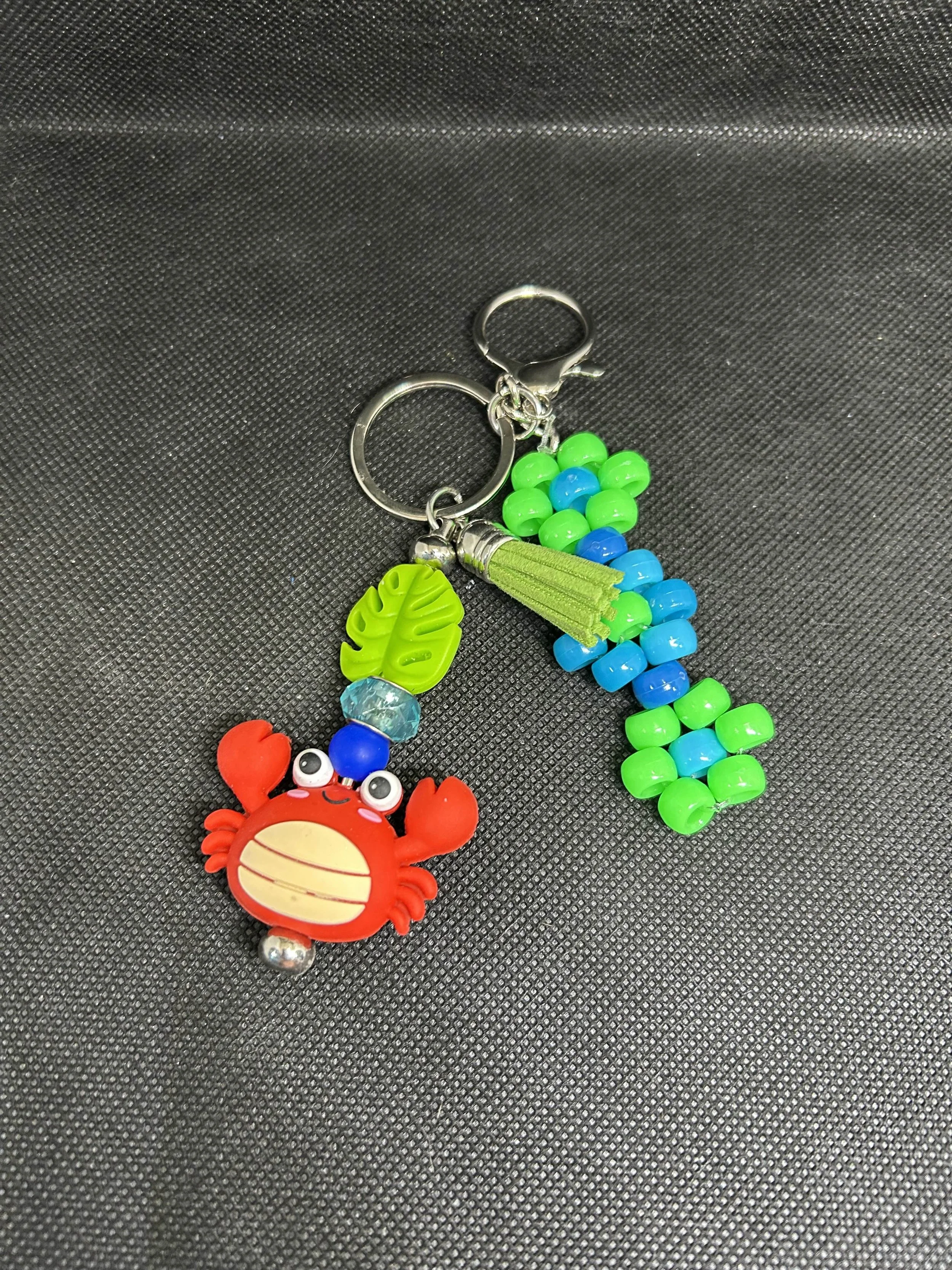 Crab Keychain Set with Green Tassel & Beaded Floral Charm | Beachy Accessory for Bags & Gifts
