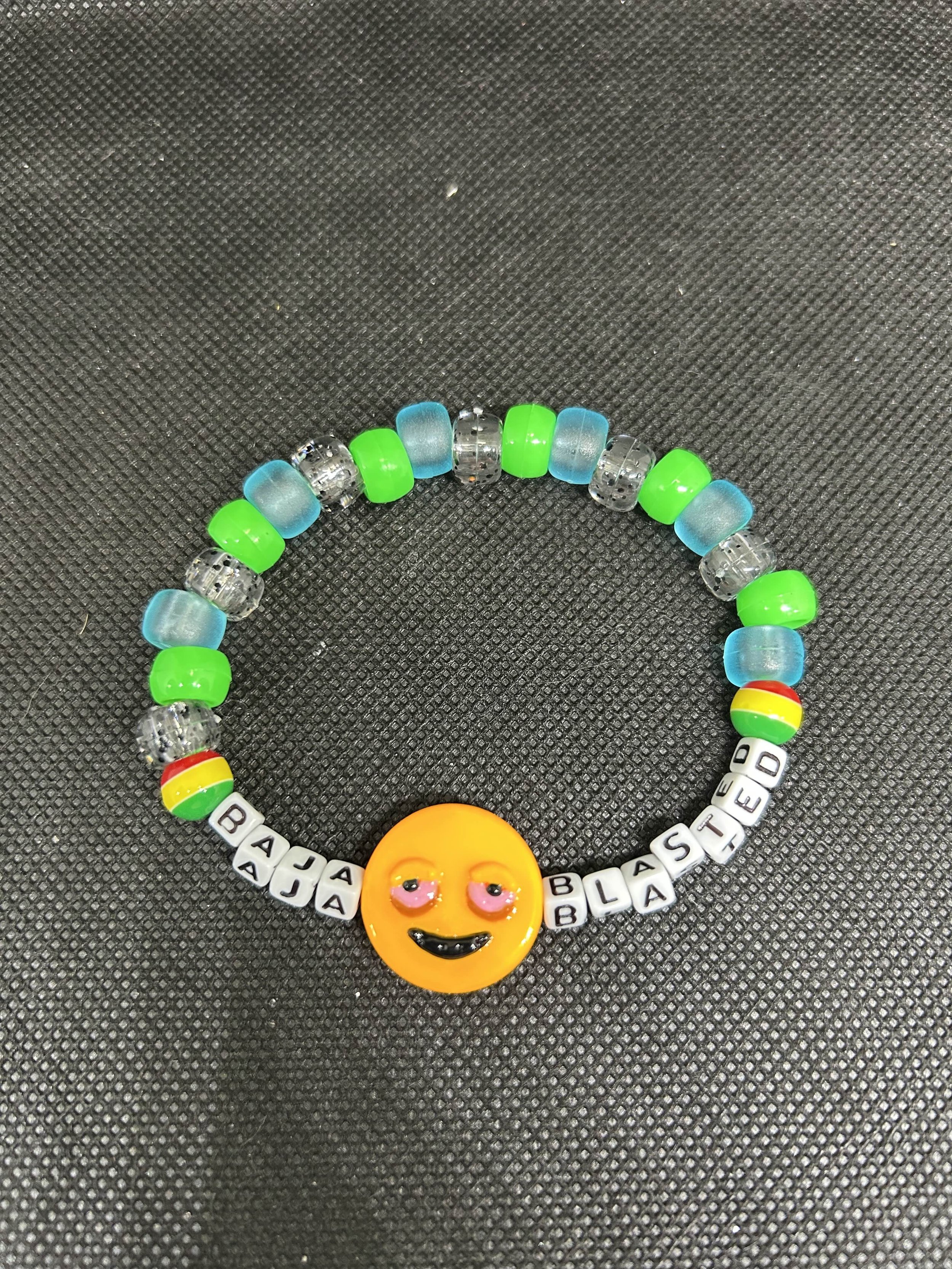 “BAJA BLASTED” Kandi Bracelet | Stoner Rave Single with Yellow Smiley Charm & Pastel Beads