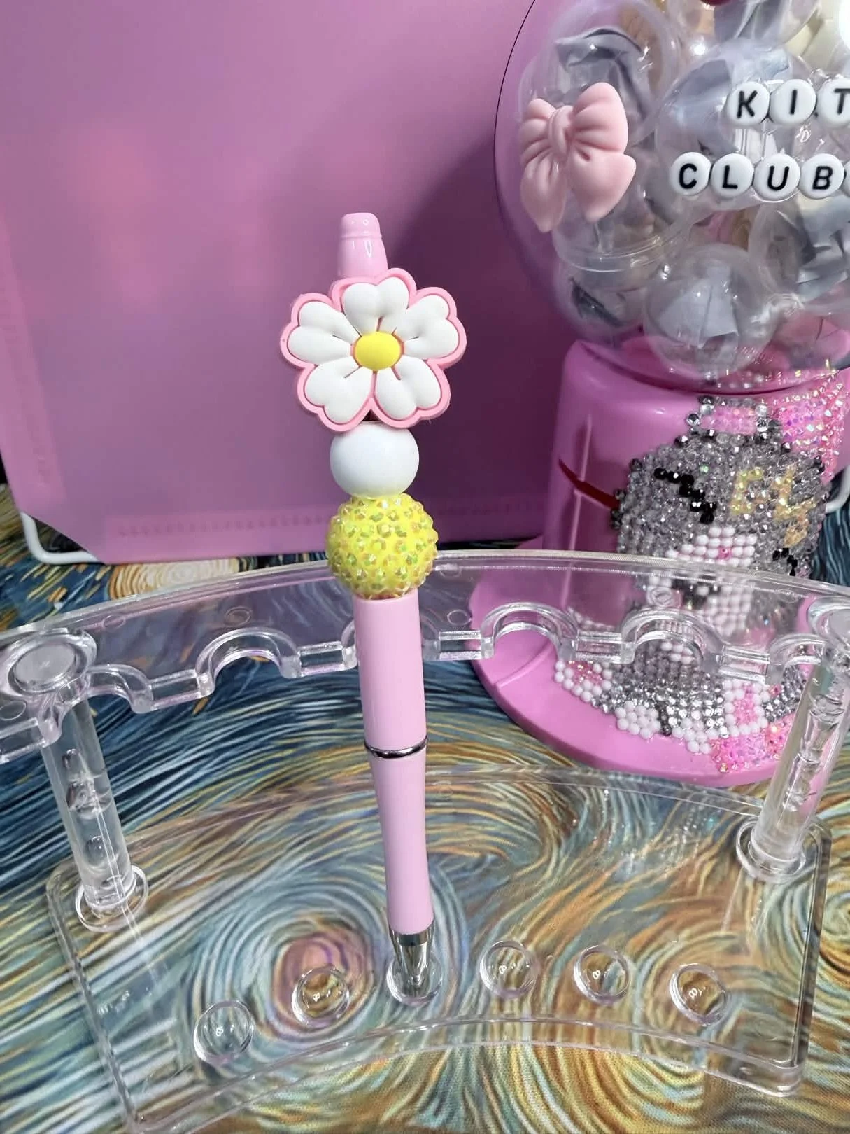 Pink Daisy Beaded Refillable Pen • Black Ink • Cute Desk Accessory