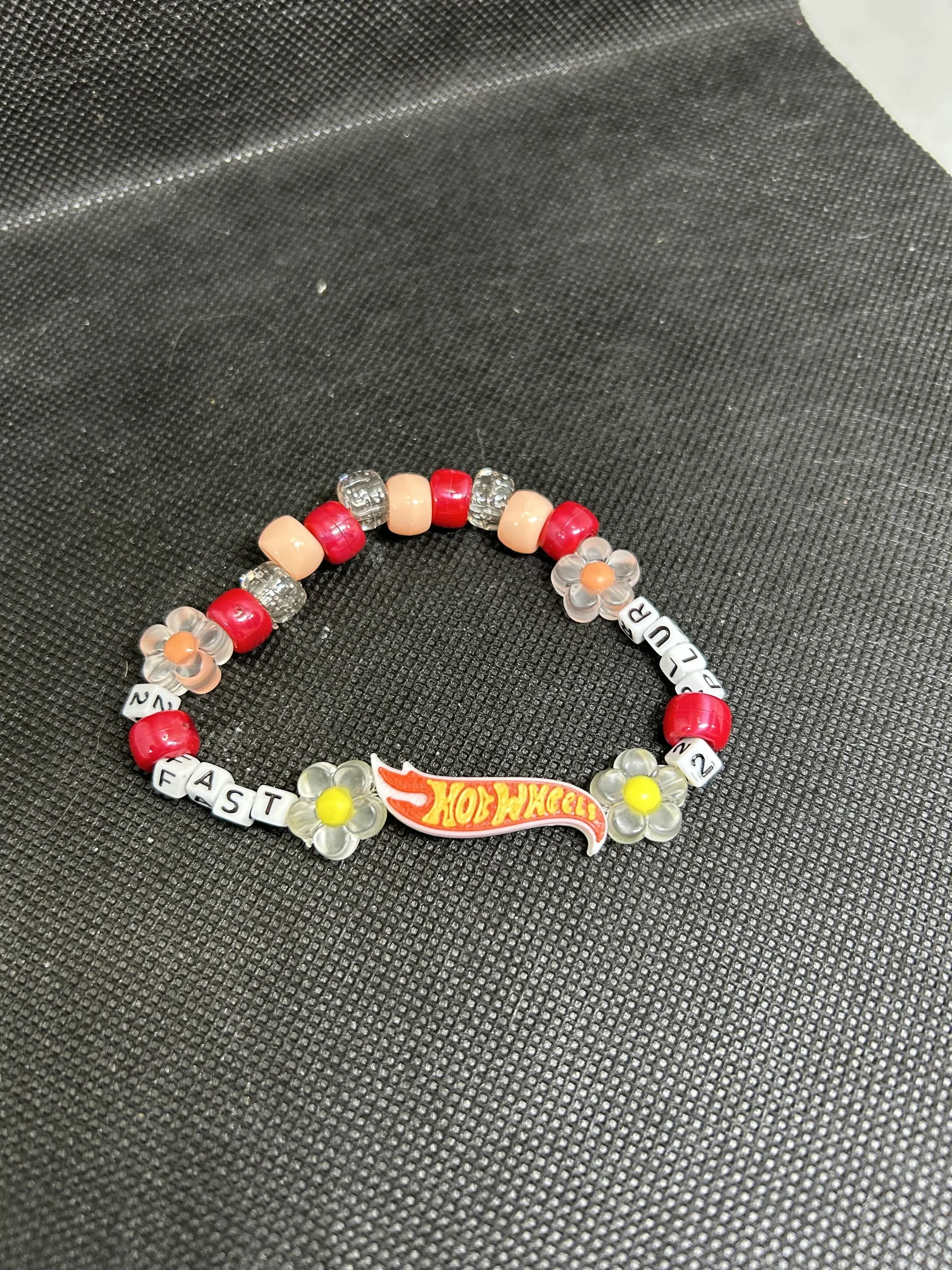 Fast N Furious "2 Fast 2 Plur" Kandi Bracelet | Red & Silver Rave Single with Hot Wheels Flame Charm & Flower Beads