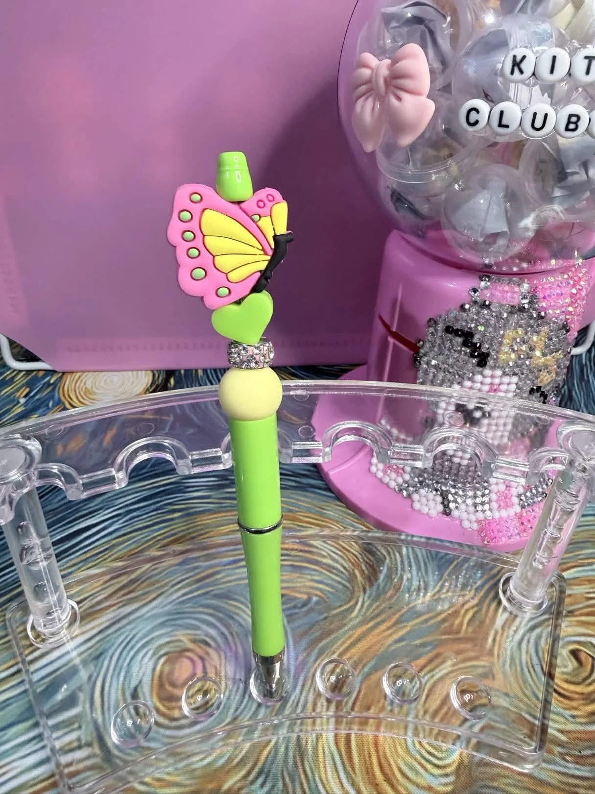 Pink & Green Butterfly Topper Refillable Beaded Pen • Handmade Bead Pen • Cute & Colorful Stationery