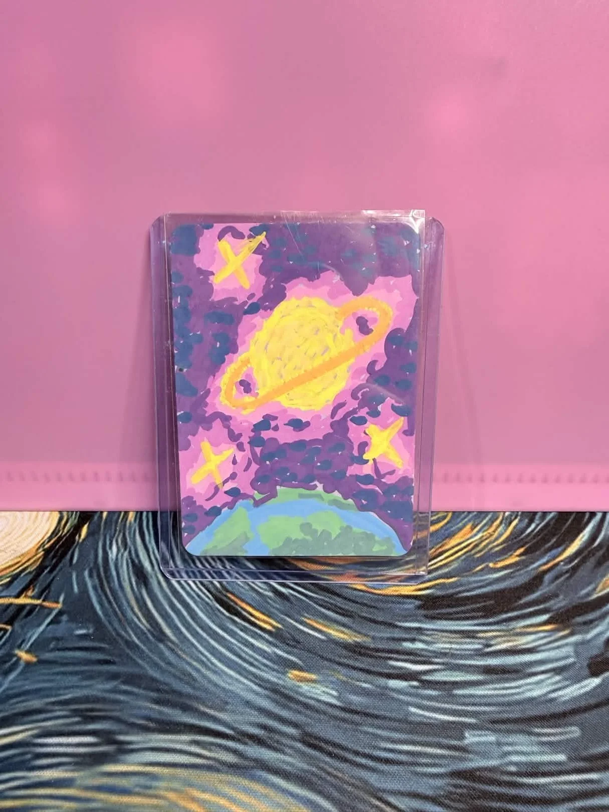 Ringed Planet & Stars Original ACEO • Acrylic Paint Pen Mini Art • 2.5" x 3.5"